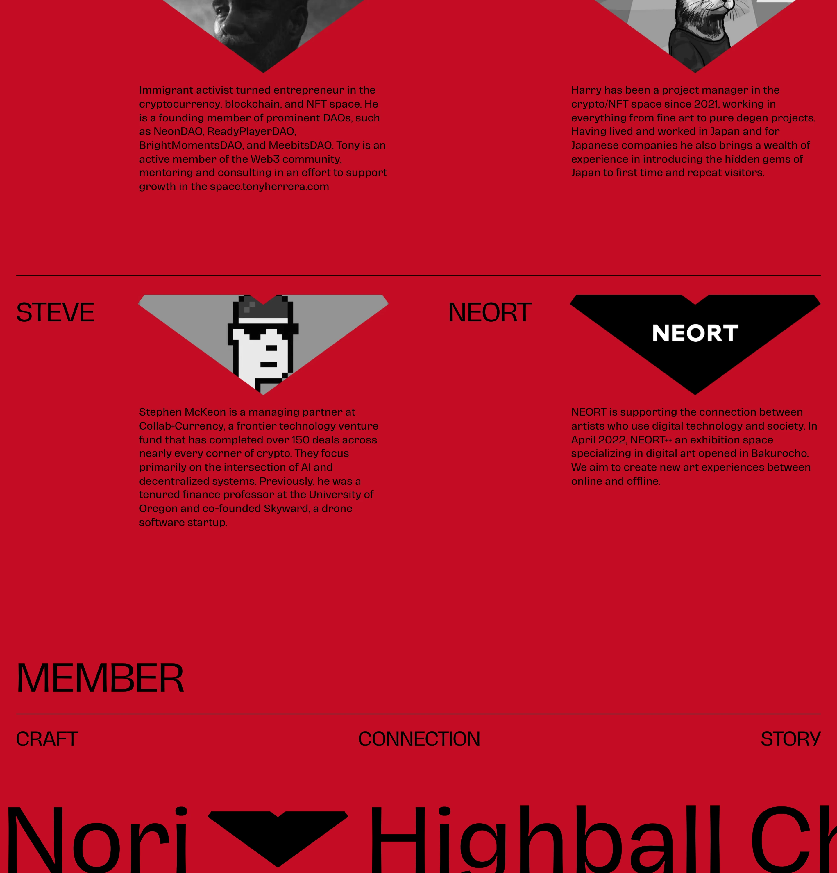 An aggressive, crimson-drenched member roster pairing raw brutalist typography with pixel art avatars inside shaped badge cutouts.
