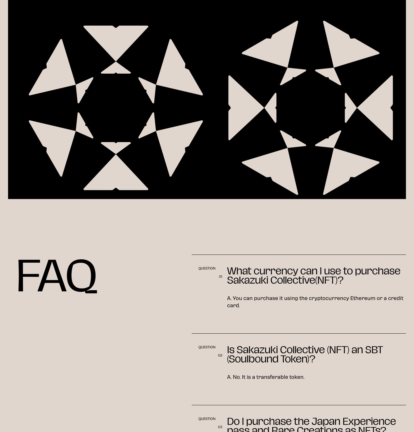 Crisp geometric crests and disciplined hairline rules create a gallery-like, highly structured editorial FAQ layout on warm stone.