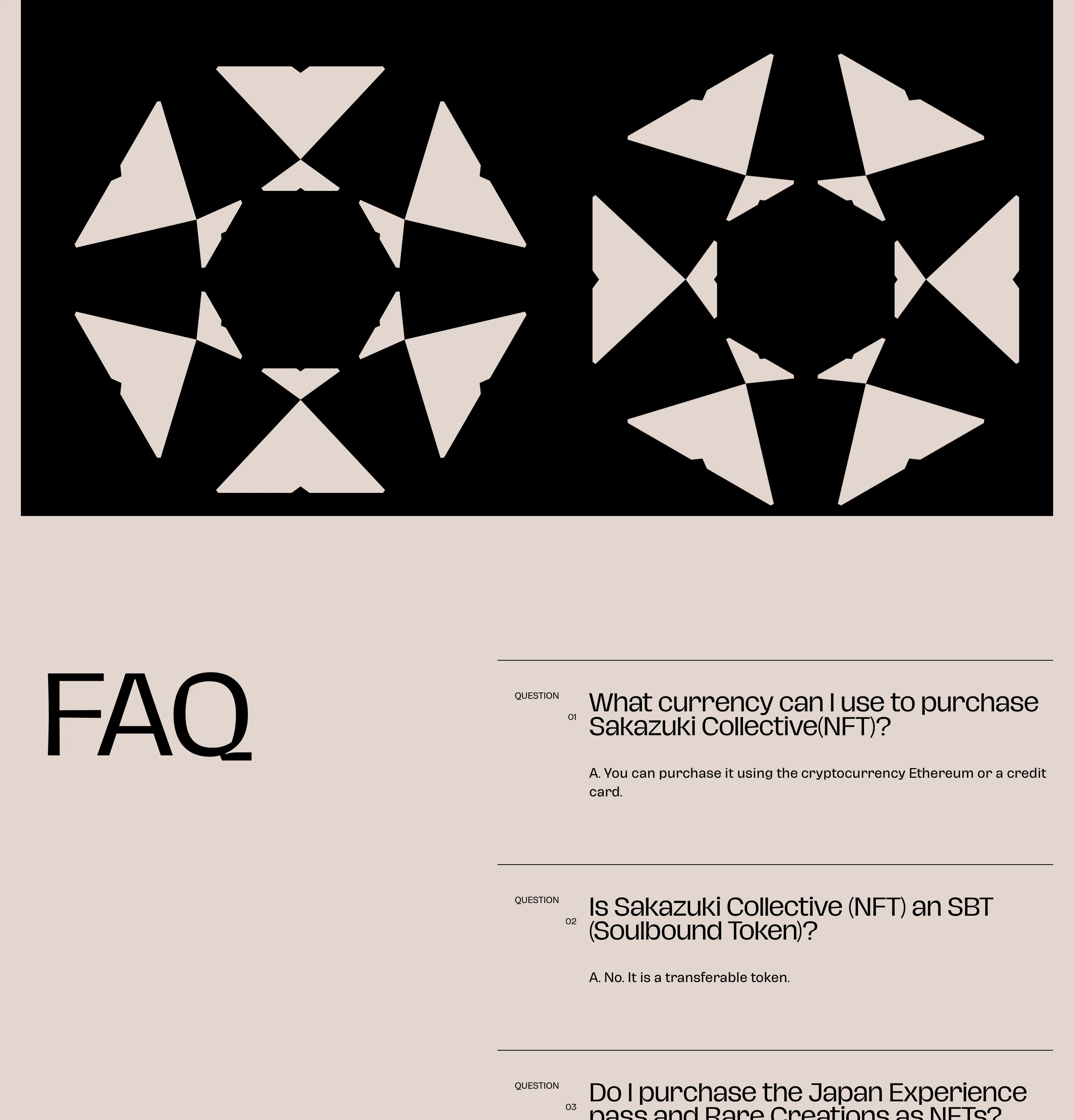 Crisp geometric crests and disciplined hairline rules create a gallery-like, highly structured editorial FAQ layout on warm stone.
