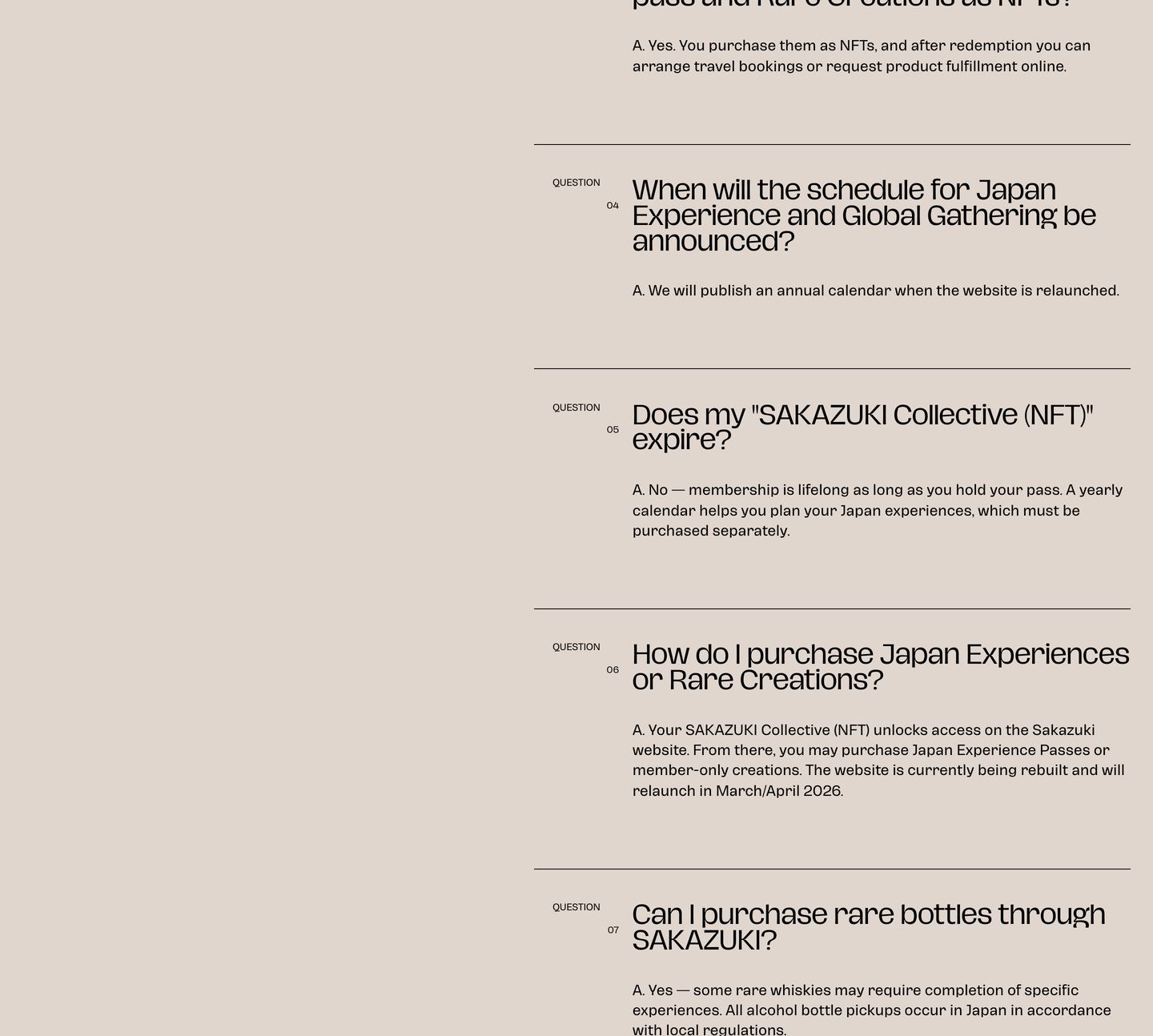 A warm, contemplative editorial FAQ that uses generous left whitespace and crisp hairline rules to give question blocks a refined, gallery-like poise.