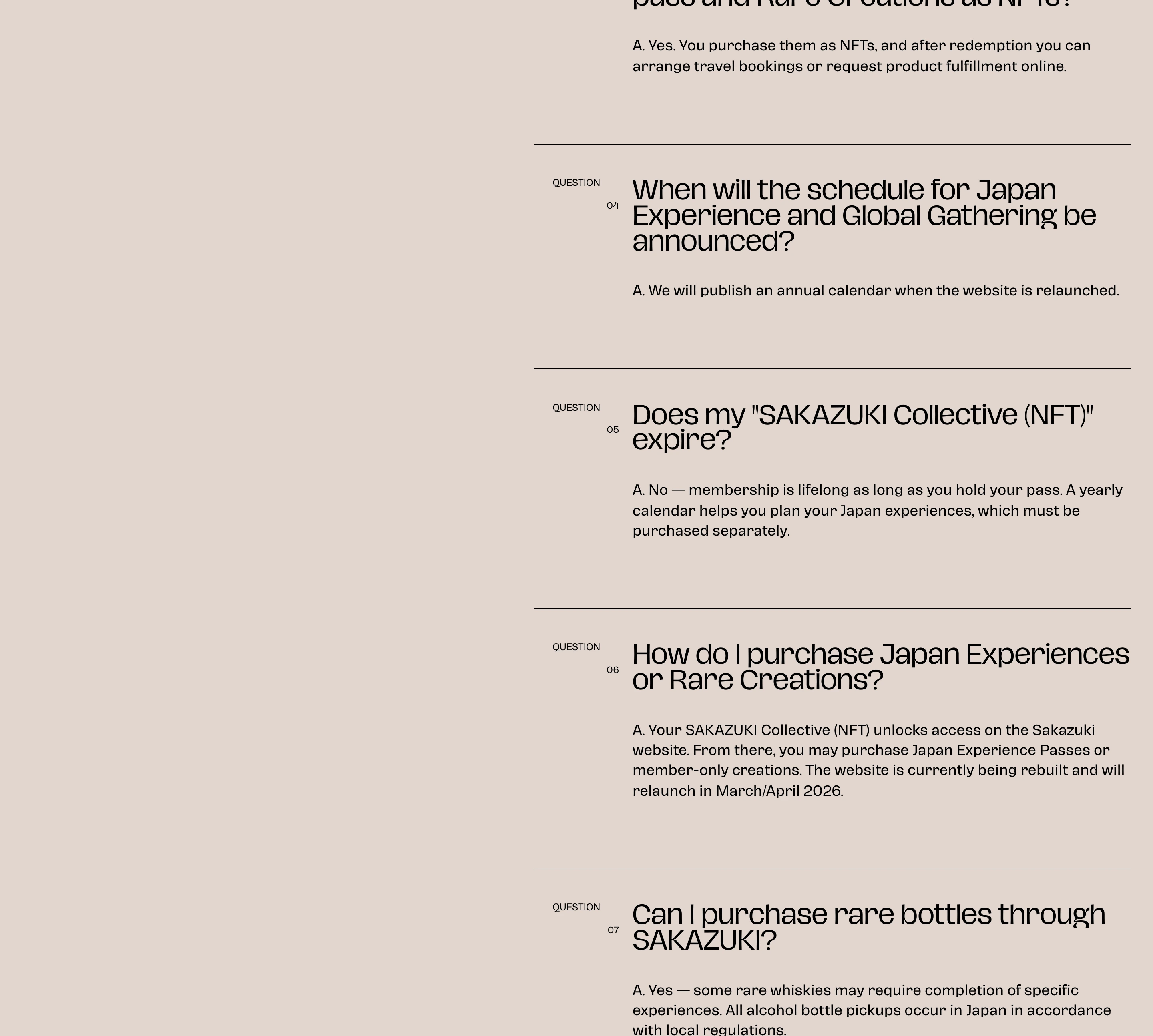 A warm, contemplative editorial FAQ that uses generous left whitespace and crisp hairline rules to give question blocks a refined, gallery-like poise.