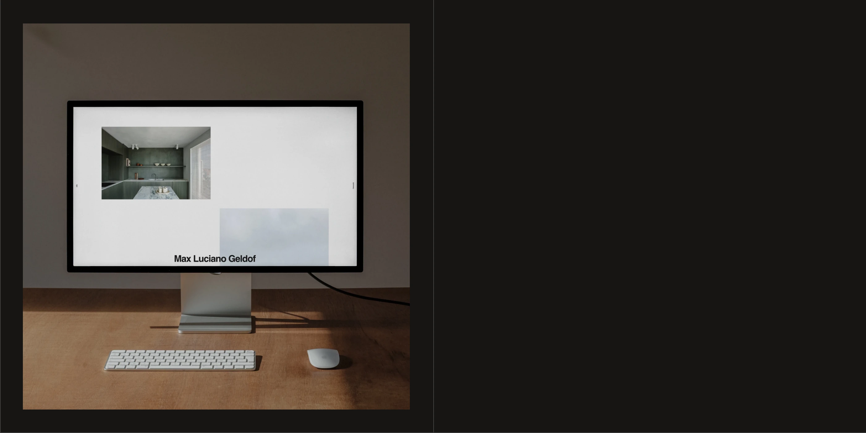 Minimalist portfolio showcase staging a studio desktop screen within warm, cinematic lighting and deep dark negative space.
