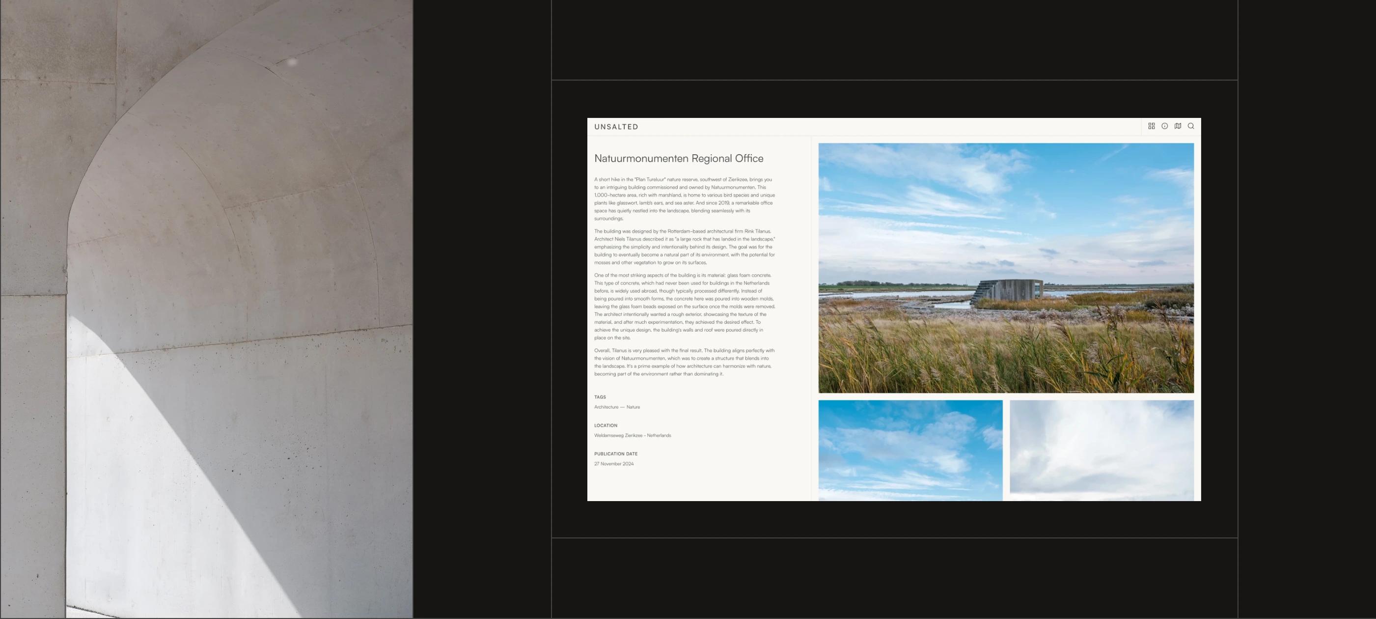 Quiet architectural case study laid out like an art monograph, pairing a disciplined text column with expansive landscape photography.
