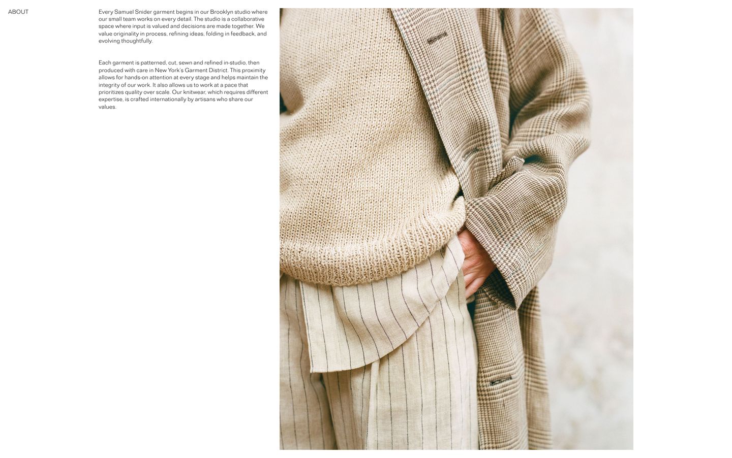 Quiet, gallery-like editorial layout pairing delicate typography and vast white space with a tactile, close-cropped garment portrait.