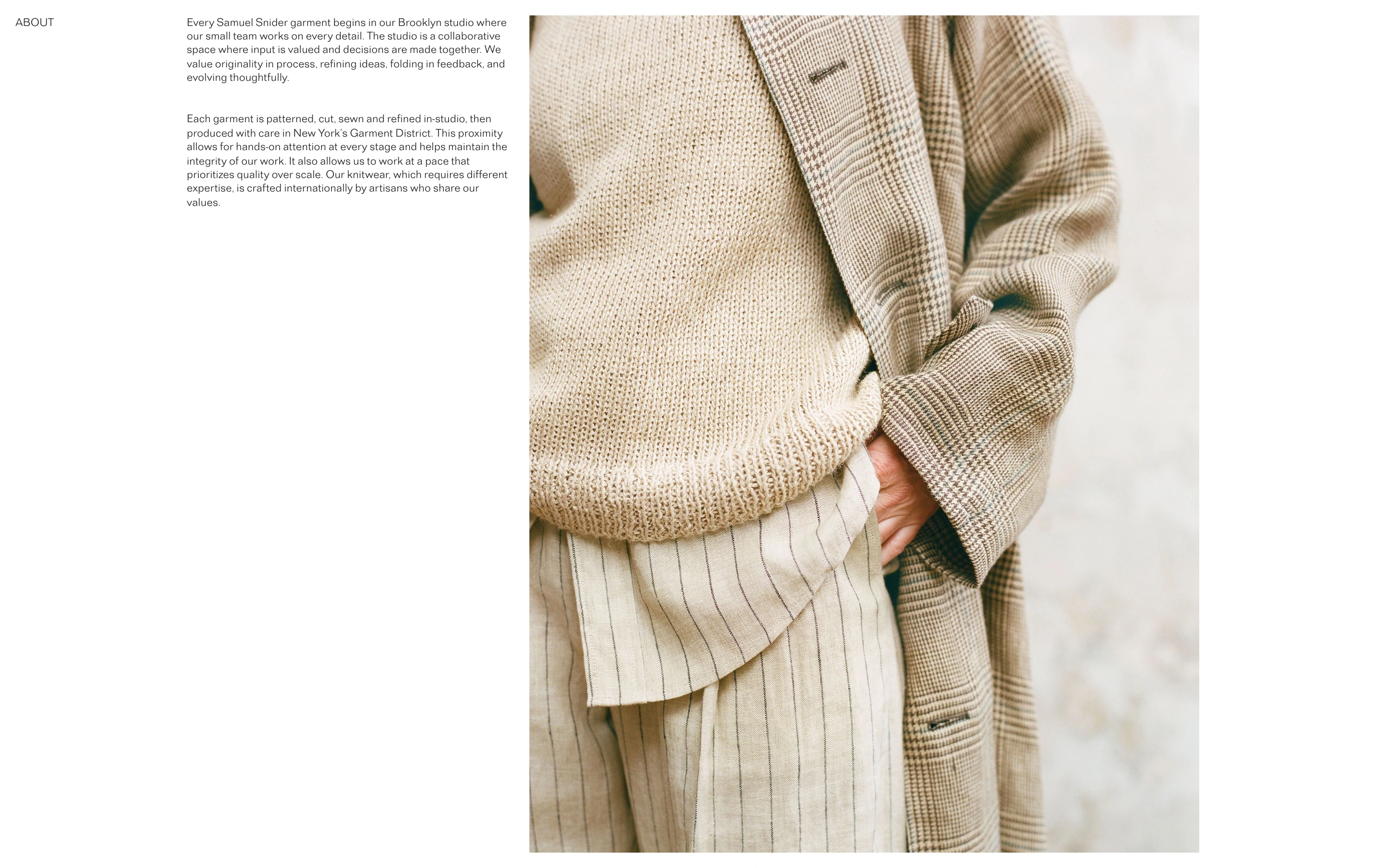 Quiet, gallery-like editorial layout pairing delicate typography and vast white space with a tactile, close-cropped garment portrait.