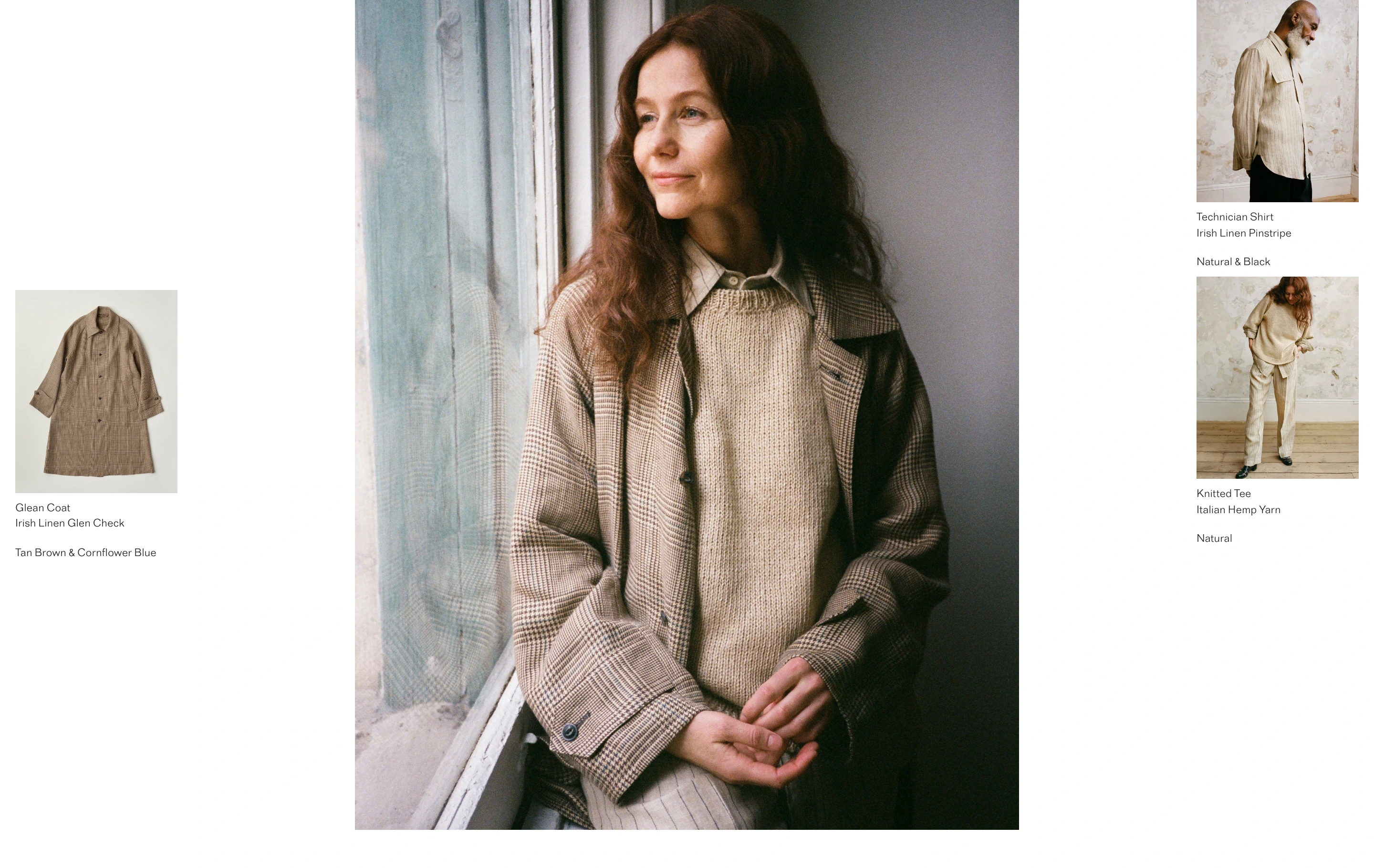 Muted, intimate fashion lookbook balancing a dominant editorial portrait with subtle product callouts and quiet typography.