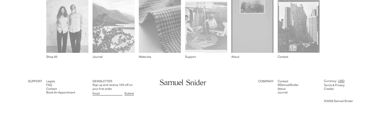 An austere, airy footer anchored by a row of black-and-white archival images above quiet, widely spaced editorial link columns.