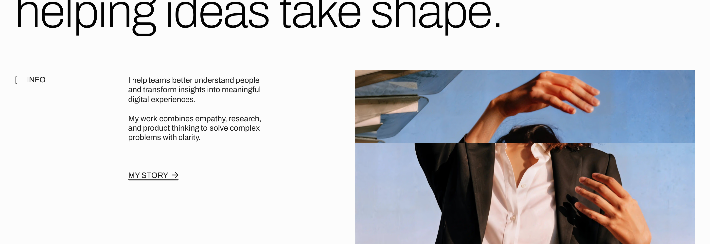 Clean Swiss-inspired editorial bio pairing restrained typography with a fragmented collage portrait.