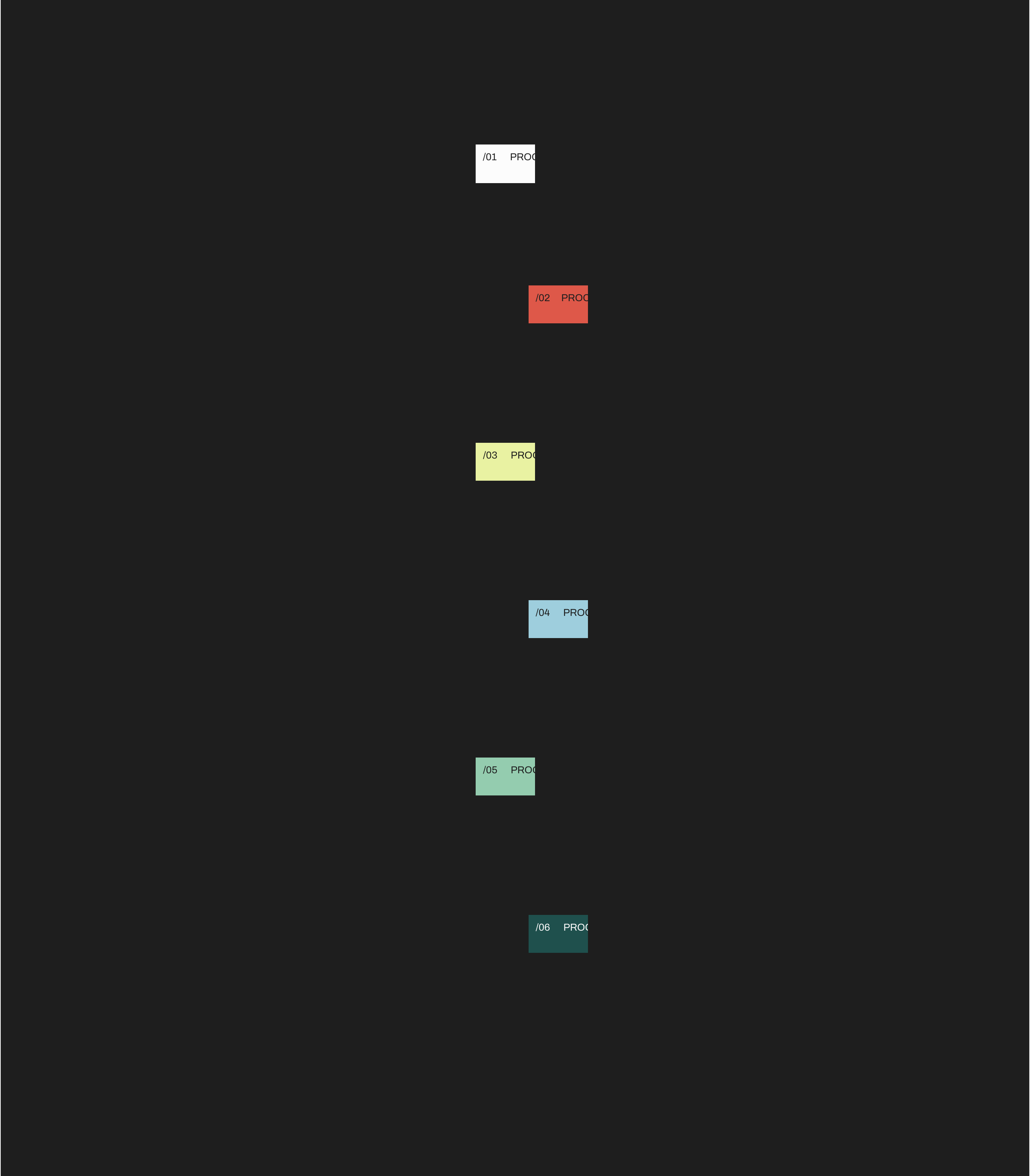 An austere, dark minimal layout featuring staggered numbered rectangular color chips descending through vast negative space.