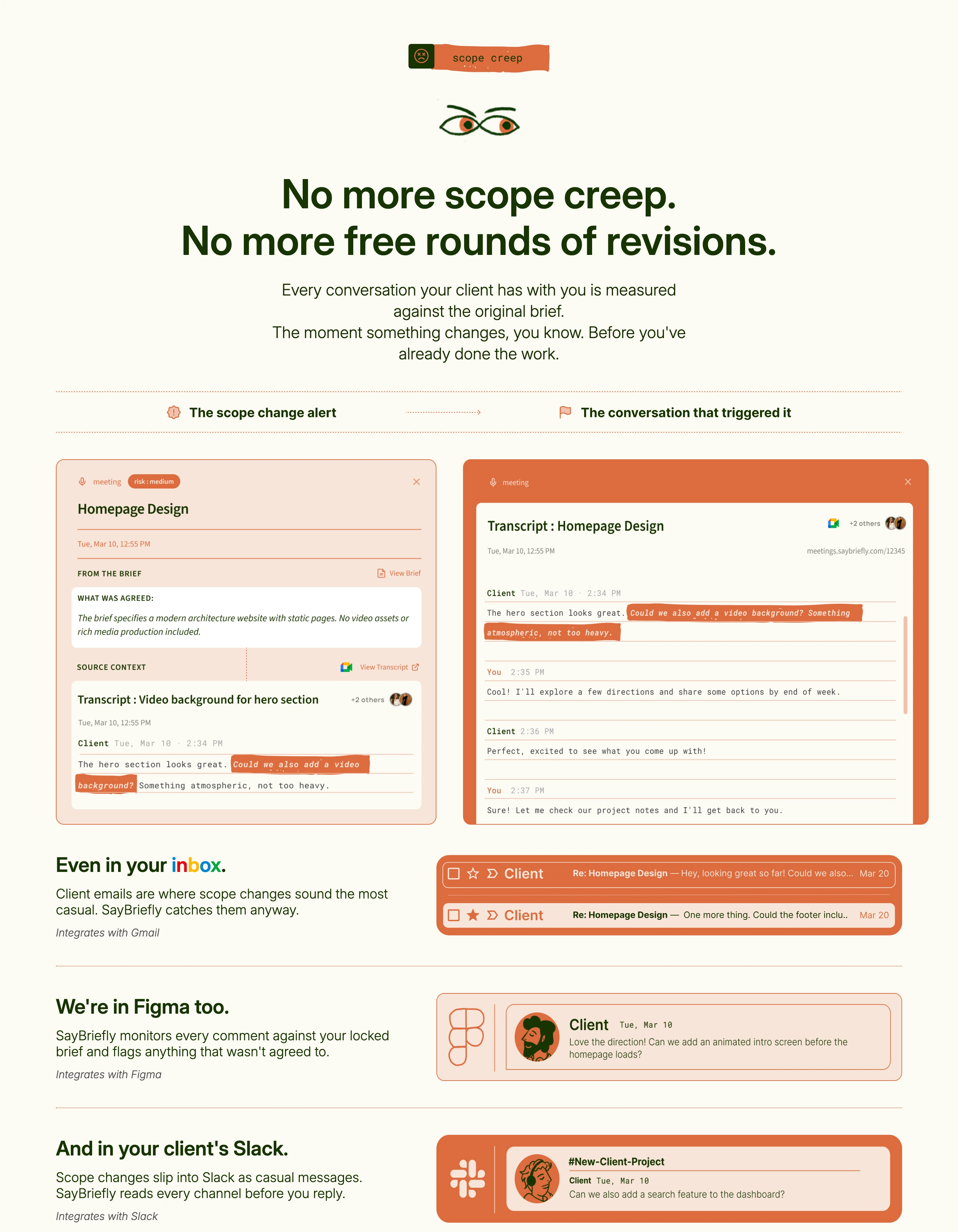 Warm and approachable feature breakdown showing product UI mockups and client communications highlighted in terracotta tones.