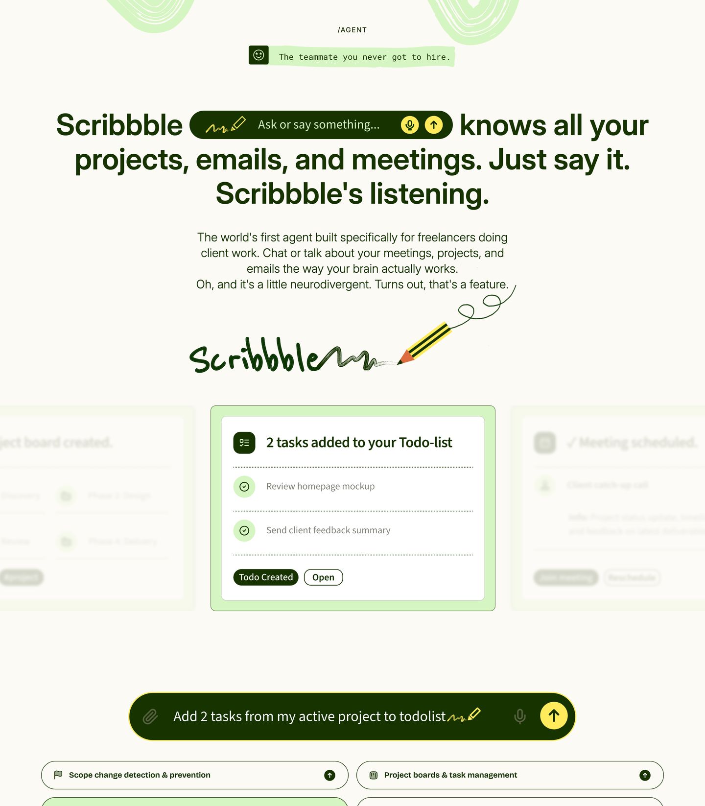 An approachable, hand-crafted productivity showcase embedding conversational input pills directly into rounded typographic statements over warm cream tones.