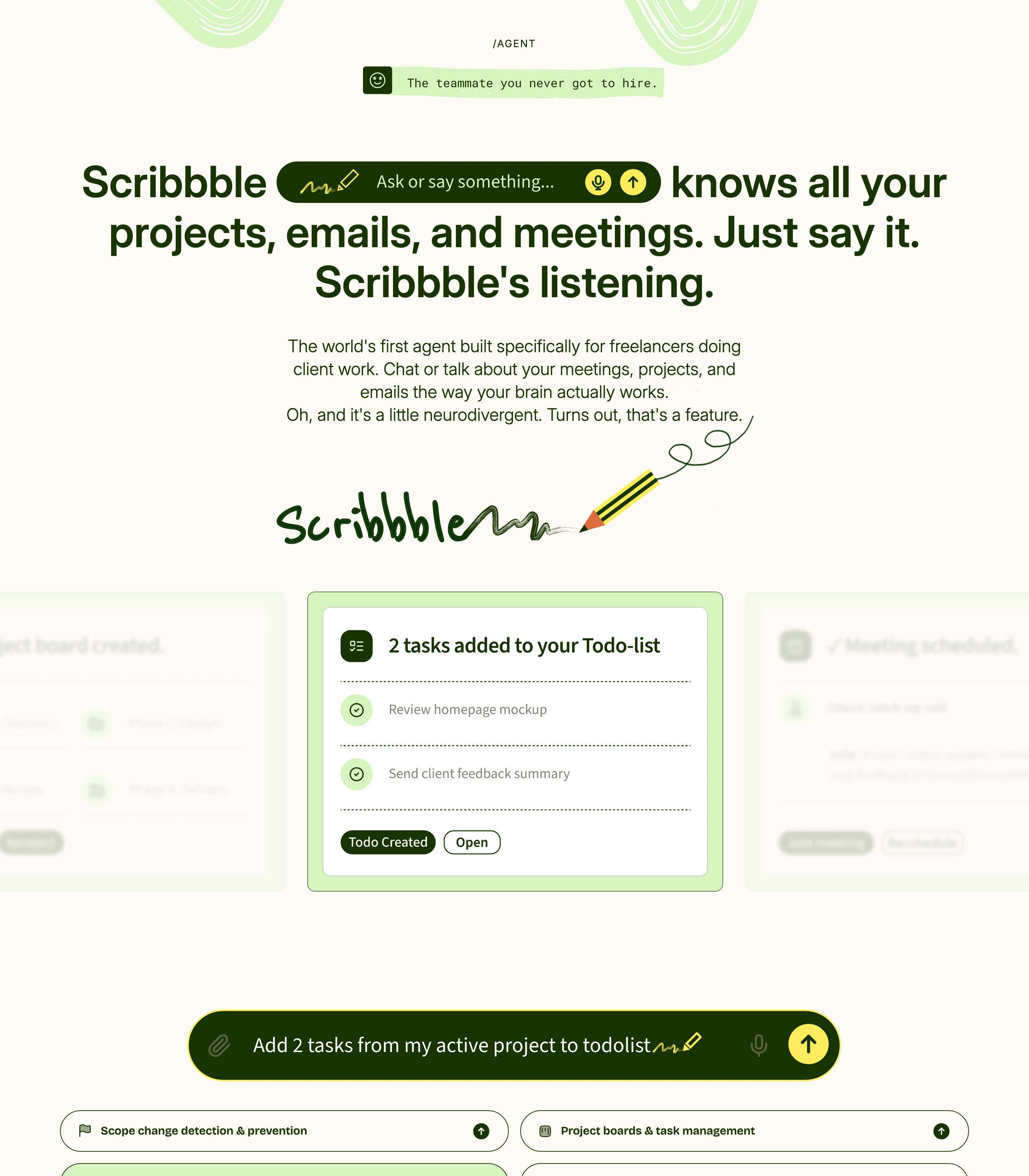 An approachable, hand-crafted productivity showcase embedding conversational input pills directly into rounded typographic statements over warm cream tones.
