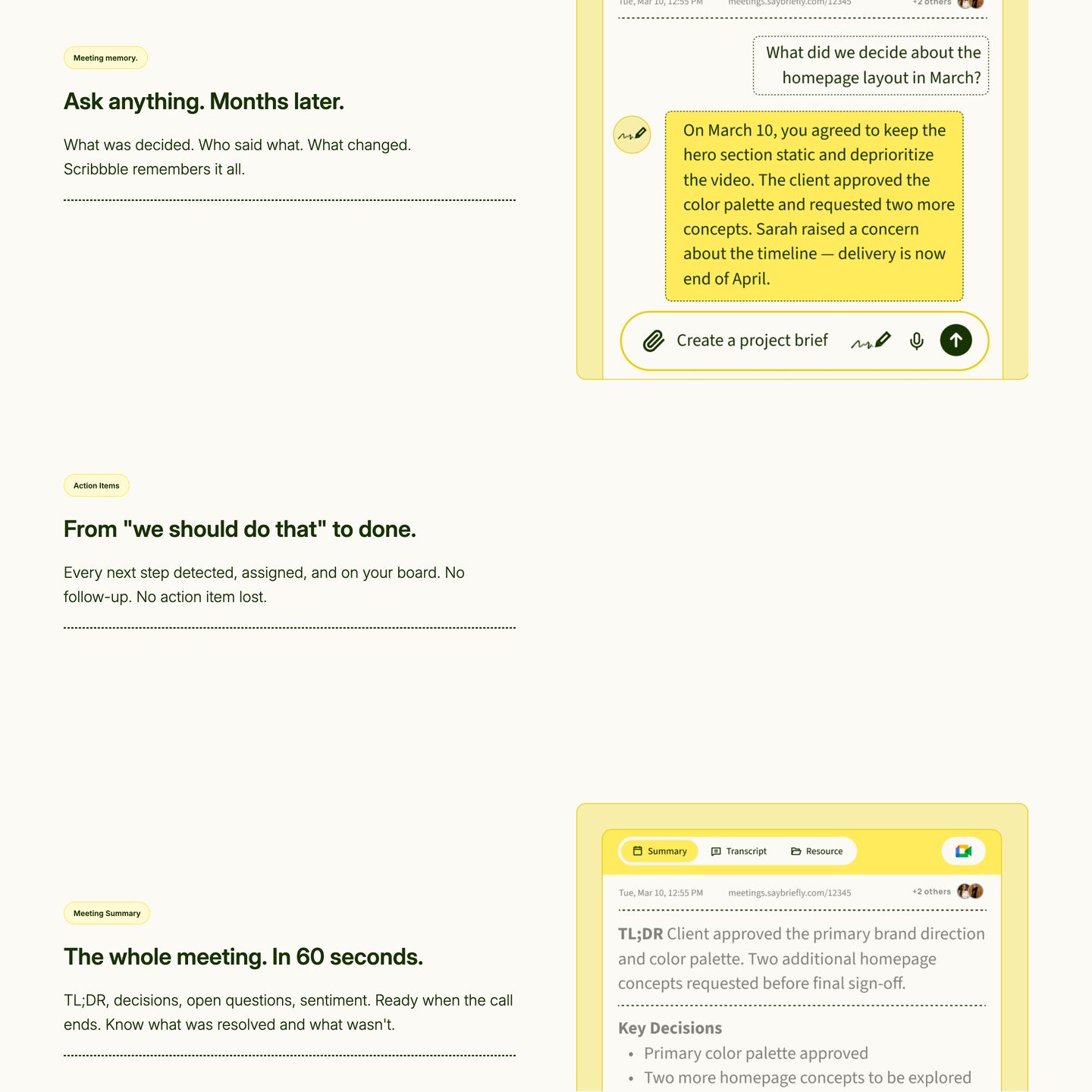 Warm and approachable product feature section featuring soft yellow UI mockups, dashed dividers, and conversational value propositions.