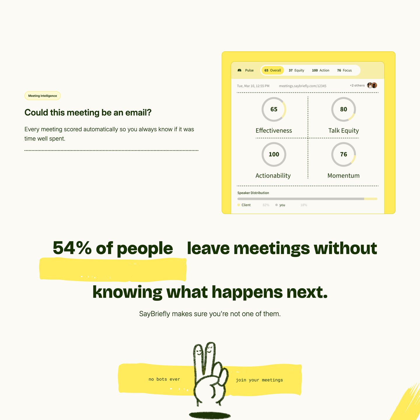 Friendly, approachable product section combining clean metrics dashboards with bold typographic callouts and marker-style doodles.