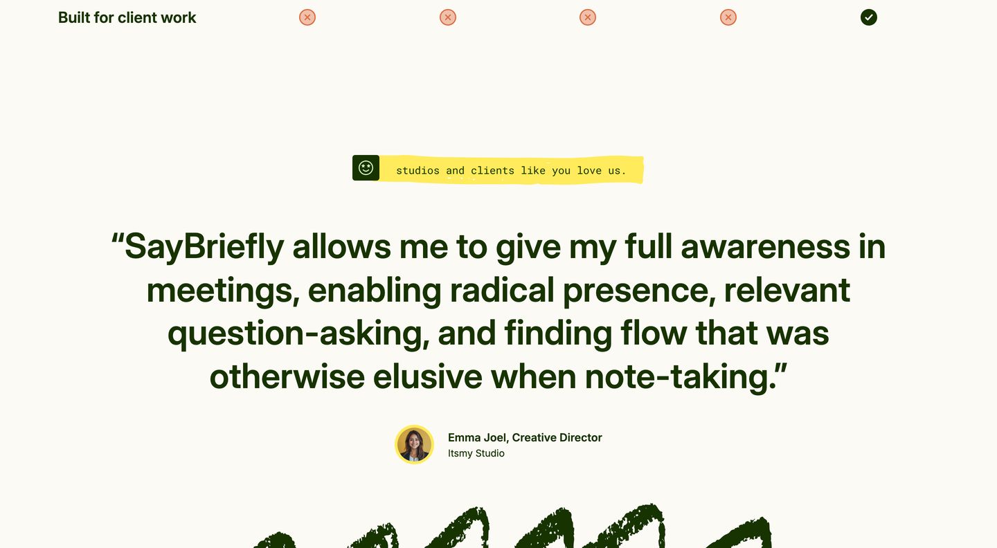 Warm, human testimonial section centered around a prominent deep green pull quote accented with playful taped labels and textured flourishes.
