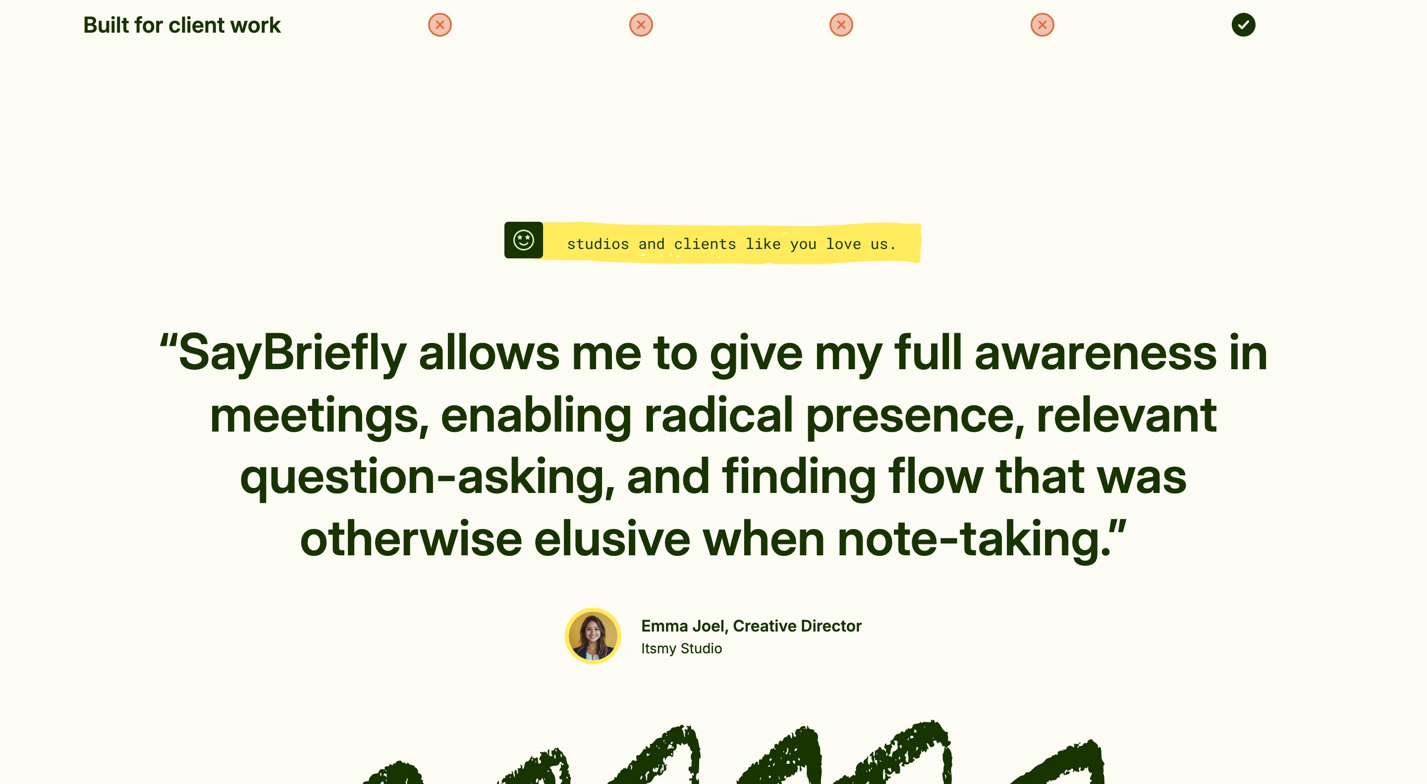 Warm, human testimonial section centered around a prominent deep green pull quote accented with playful taped labels and textured flourishes.