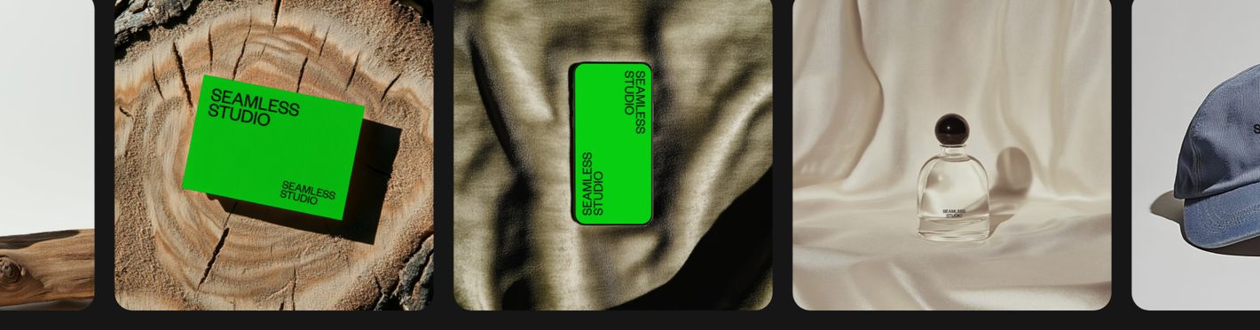 A tactile studio gallery displaying rounded photographic mockups of branded artifacts against a dark canvas.