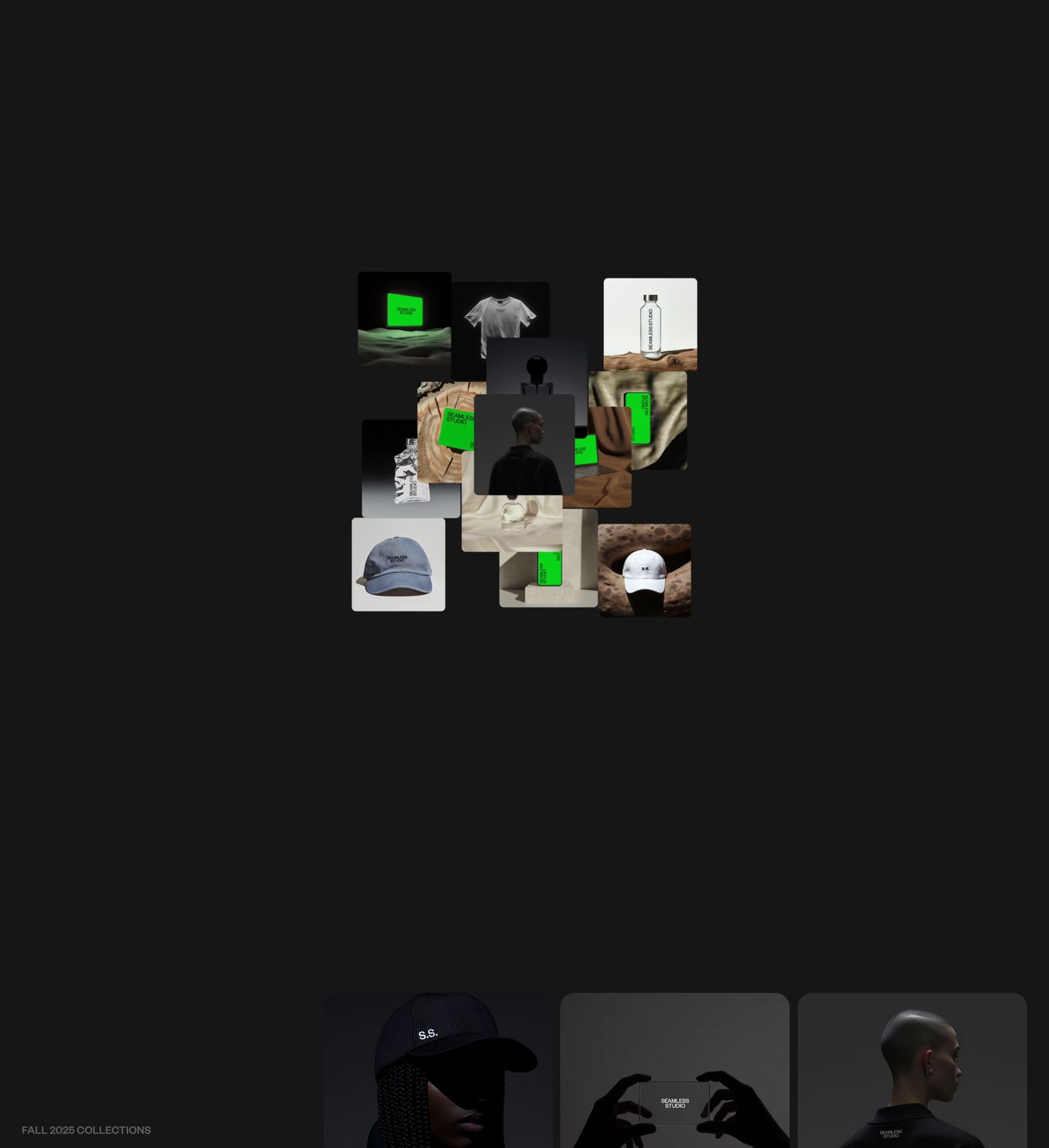 Expansive dark canvas anchoring a dense floating collage of product snapshots above subtle collection titling.
