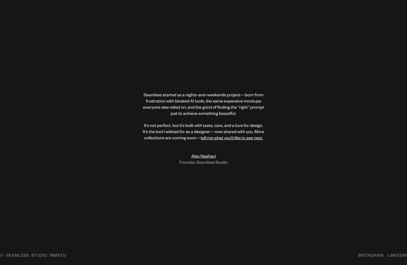 An intimate, quiet personal founder statement framed by vast dark empty space and subtle peripheral credits.