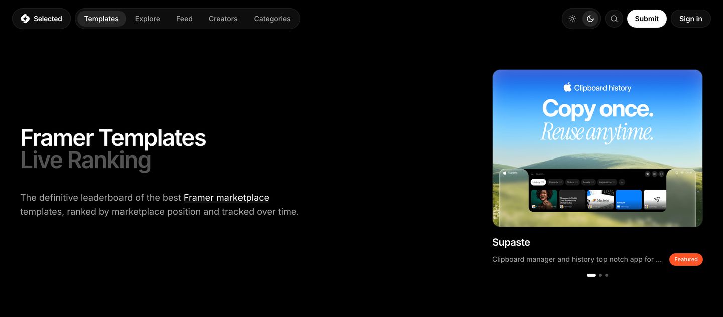 A pitch-black minimalist hero pairing stark typography with a crisp floating product showcase card.