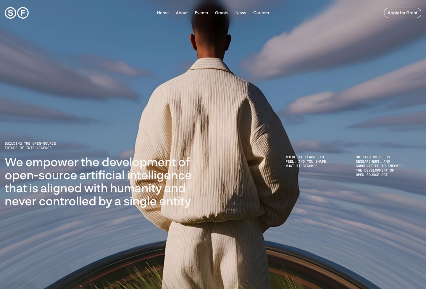 Surreal, cinematic hero featuring a back-facing figure overlooking a warped horizon with quiet editorial typography overlaid.