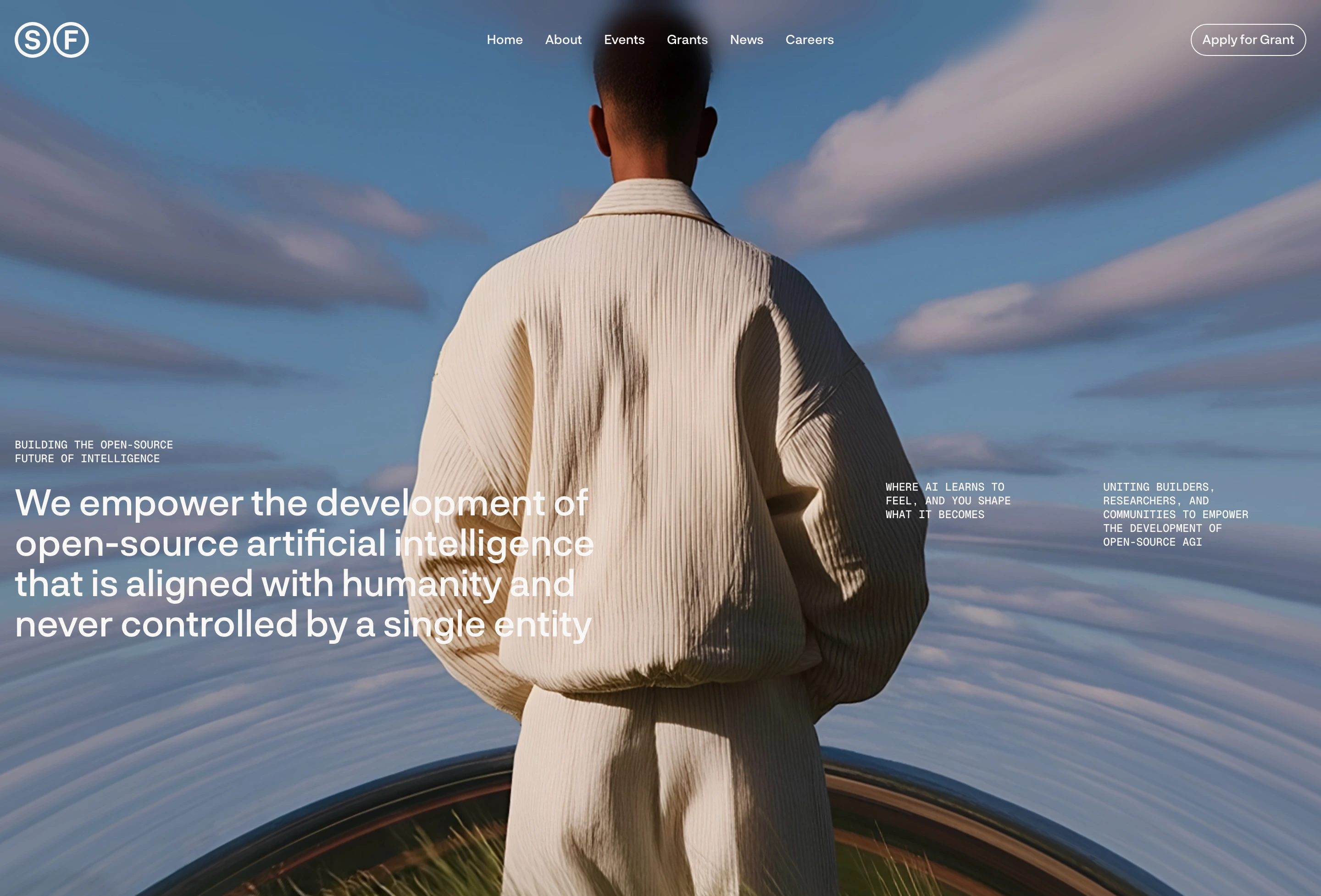Surreal, cinematic hero featuring a back-facing figure overlooking a warped horizon with quiet editorial typography overlaid.