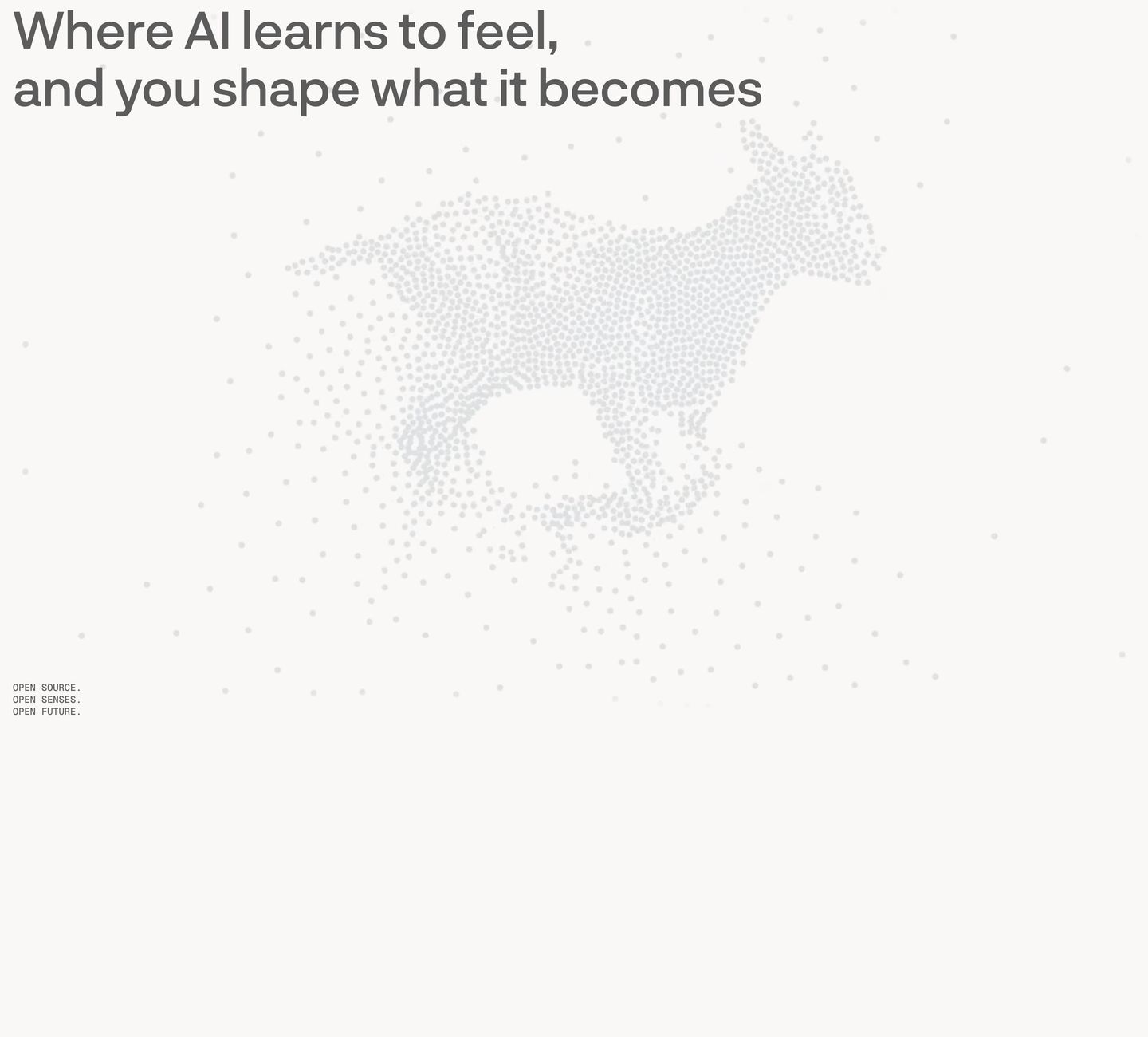 An ethereal, gallery-like expanse of off-white space anchored by understated grotesk typography and a delicate stippled point-cloud animal.