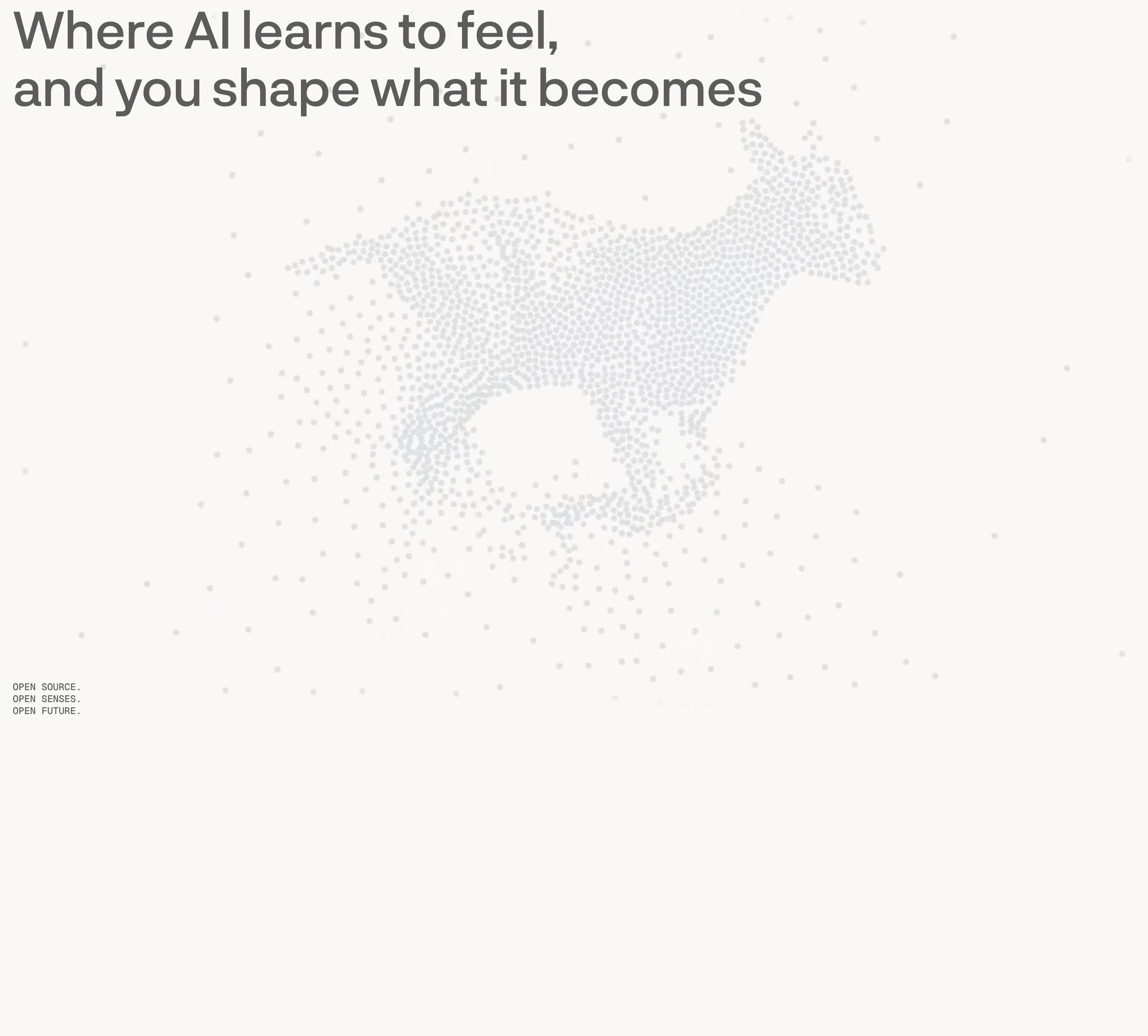 An ethereal, gallery-like expanse of off-white space anchored by understated grotesk typography and a delicate stippled point-cloud animal.