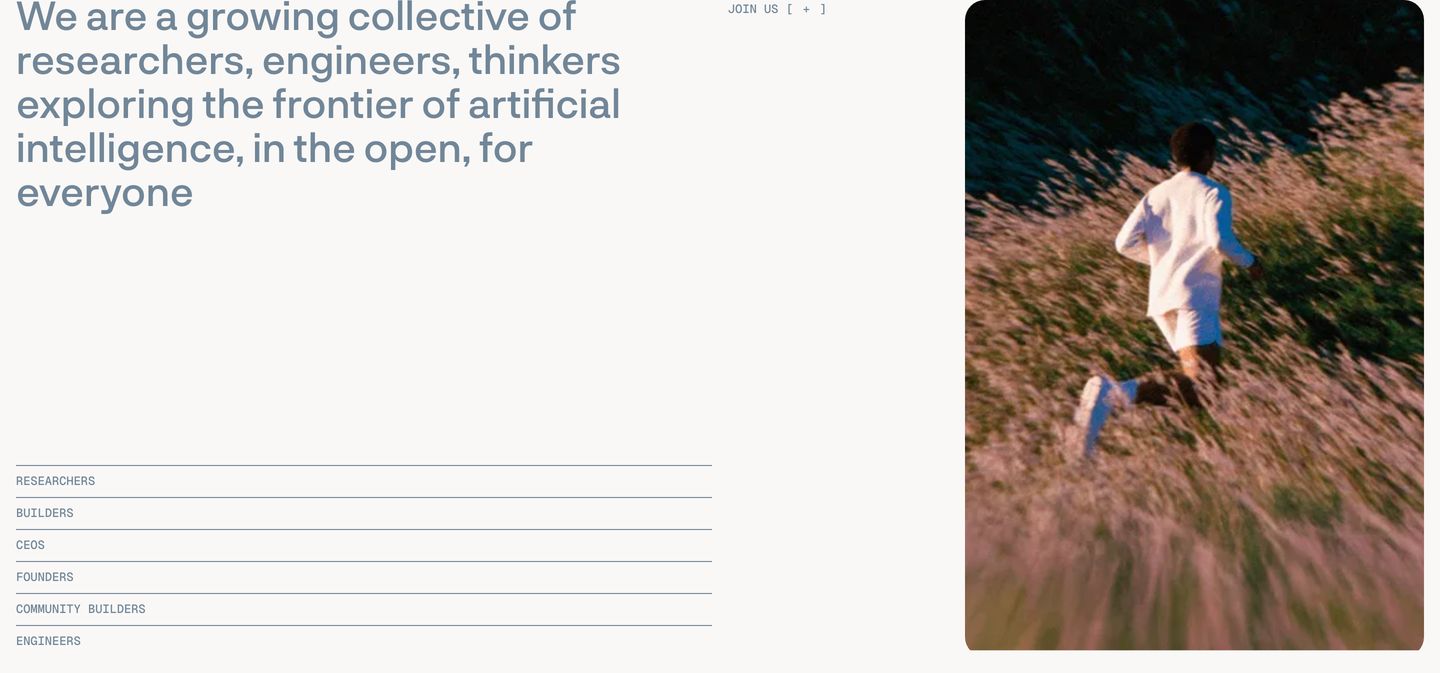 Airy, thoughtful collective manifesto balancing slate blue typography against a warm film photograph of motion in tall grass.