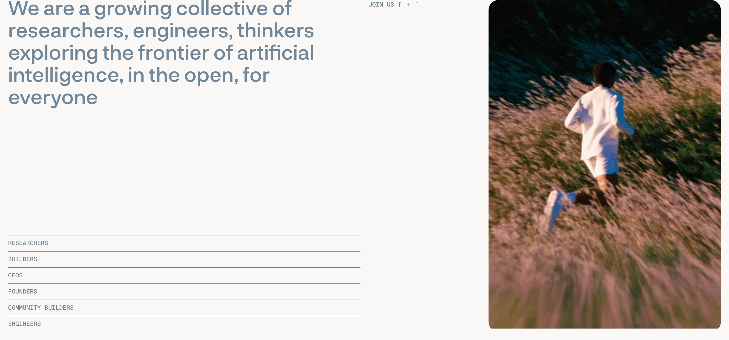 Airy, thoughtful collective manifesto balancing slate blue typography against a warm film photograph of motion in tall grass.