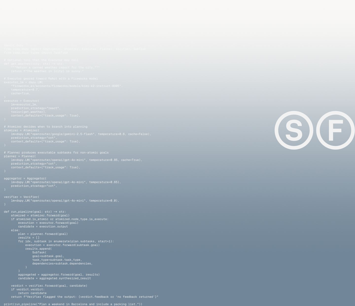 An ethereal developer code snippet overlaid on a soft gradient background alongside minimal circular initials.