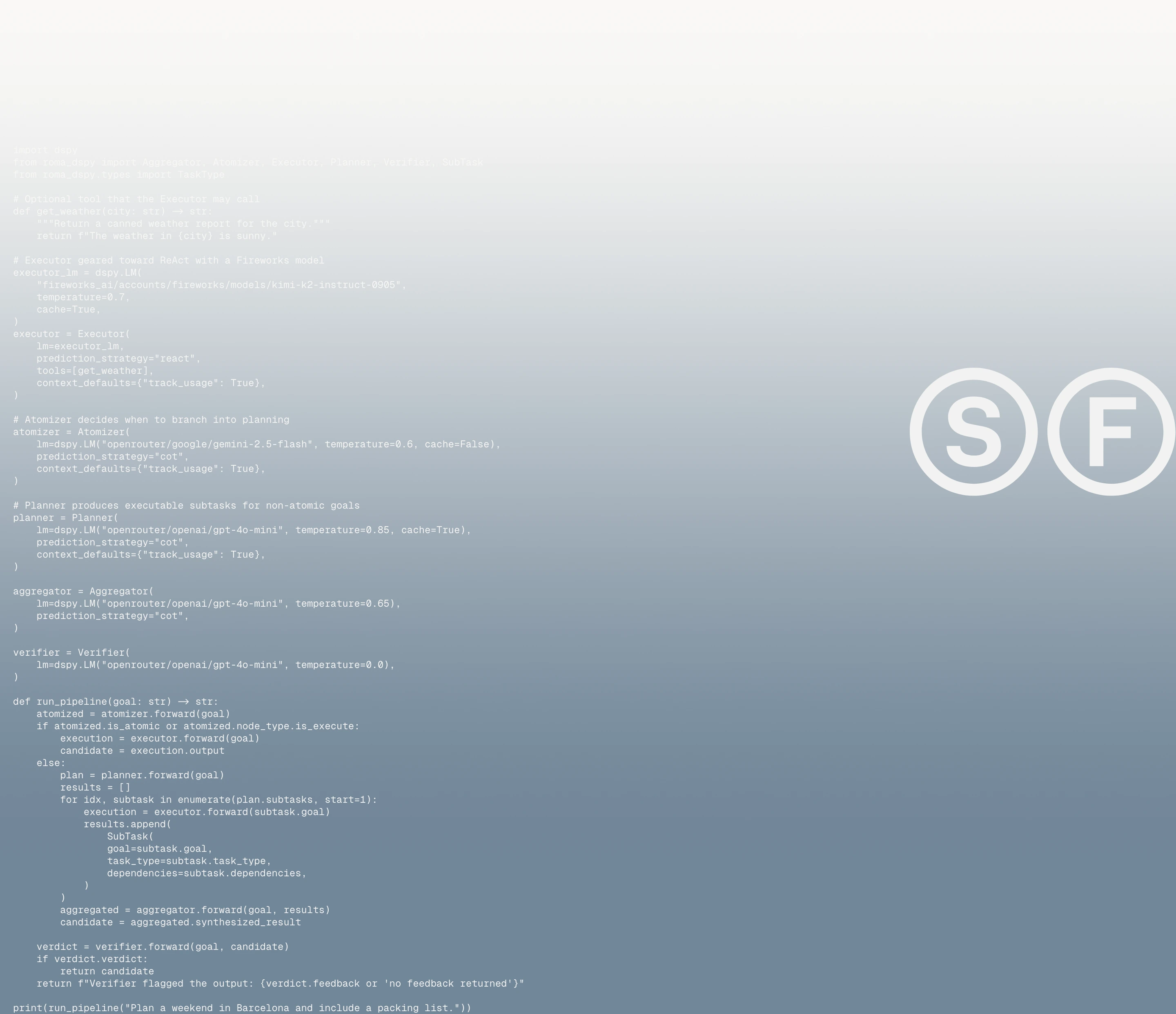 An ethereal developer code snippet overlaid on a soft gradient background alongside minimal circular initials.