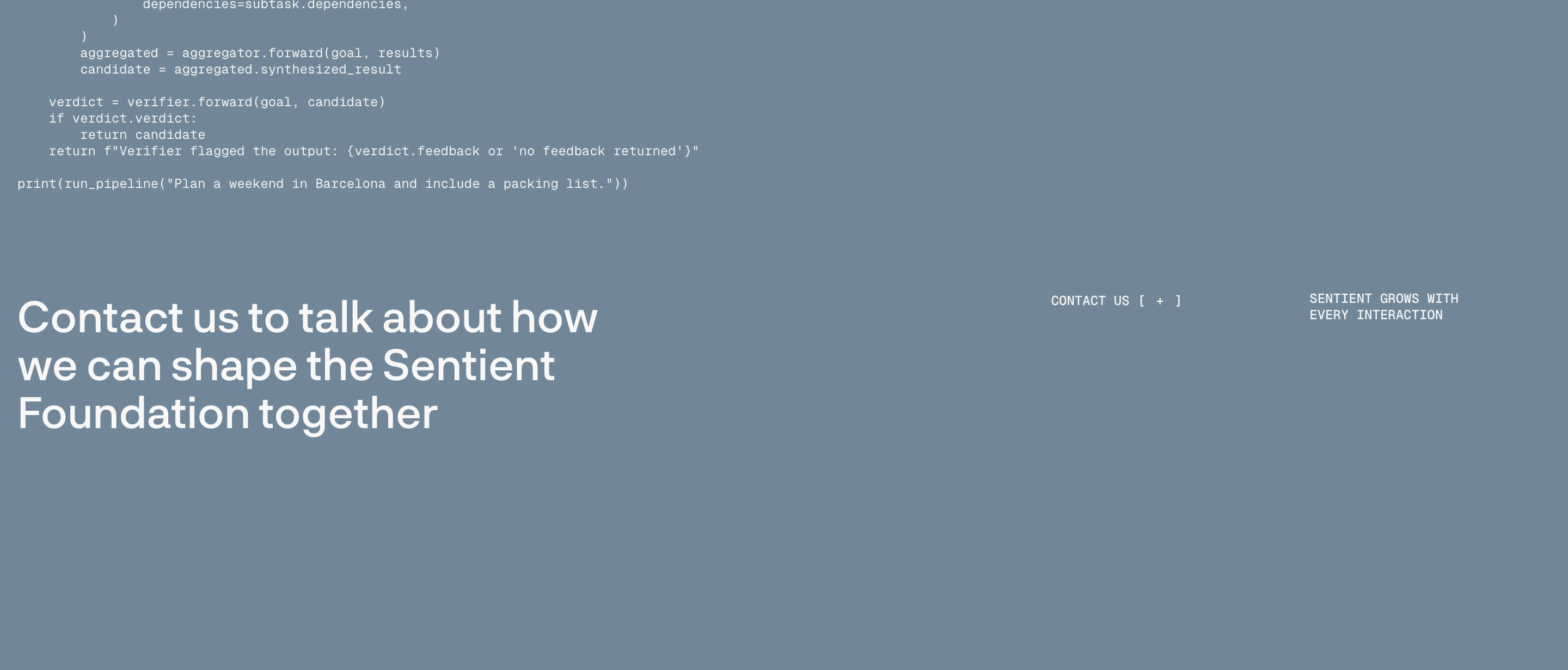Muted slate-blue call to action combining ambient code snippets with clean typography and technical monospace accents.