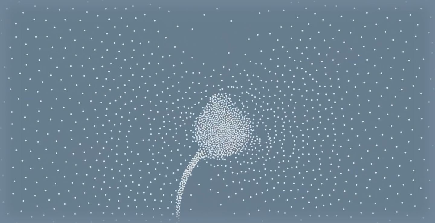 A quiet, meditative particle simulation forming a delicate organic flower against a cool slate backdrop.