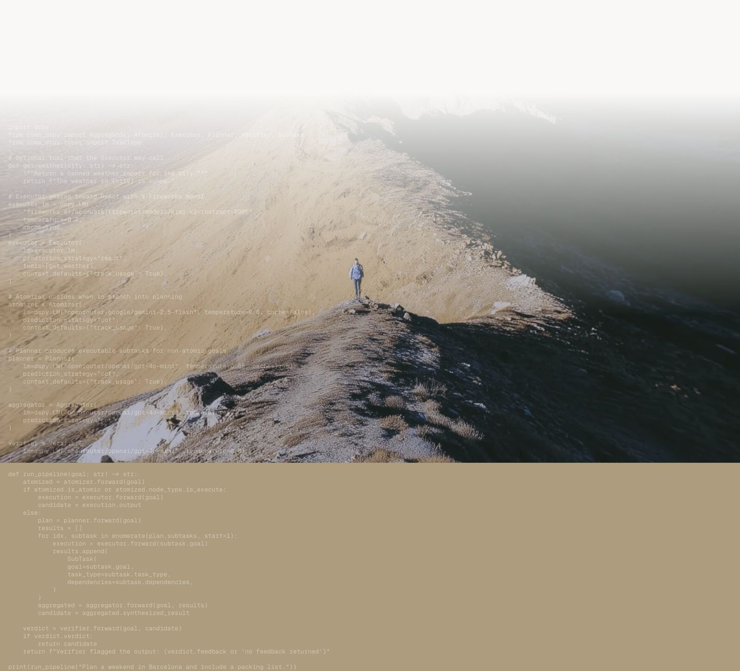 A contemplative expanse of Python code quietly layered over an aerial mountain ridge photograph in soft earth tones.