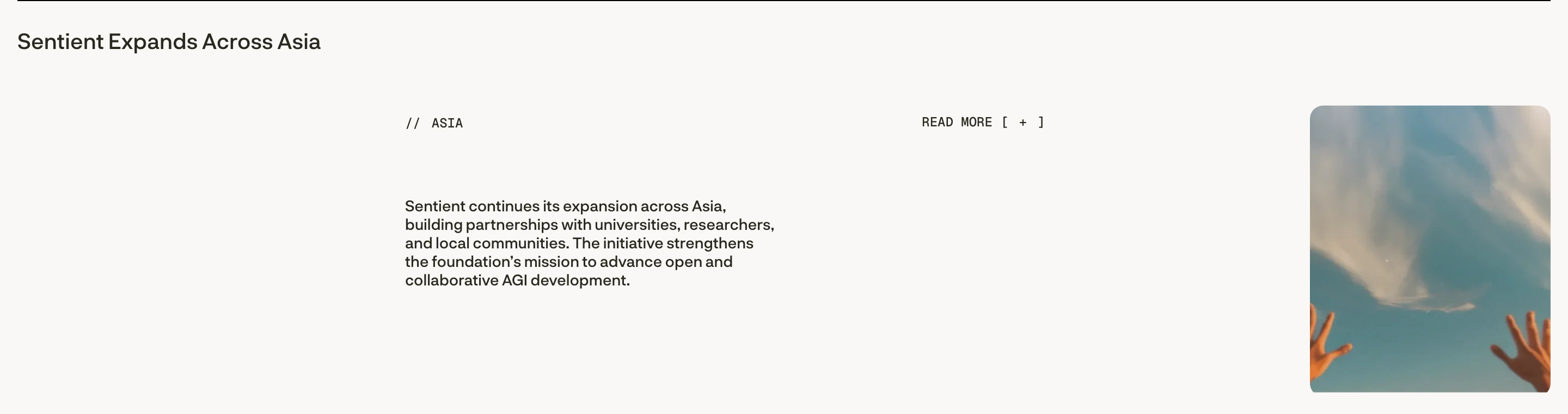 Minimal, airy editorial announcement defined by generous whitespace, code-like monospace annotations, and an offset photo thumbnail.