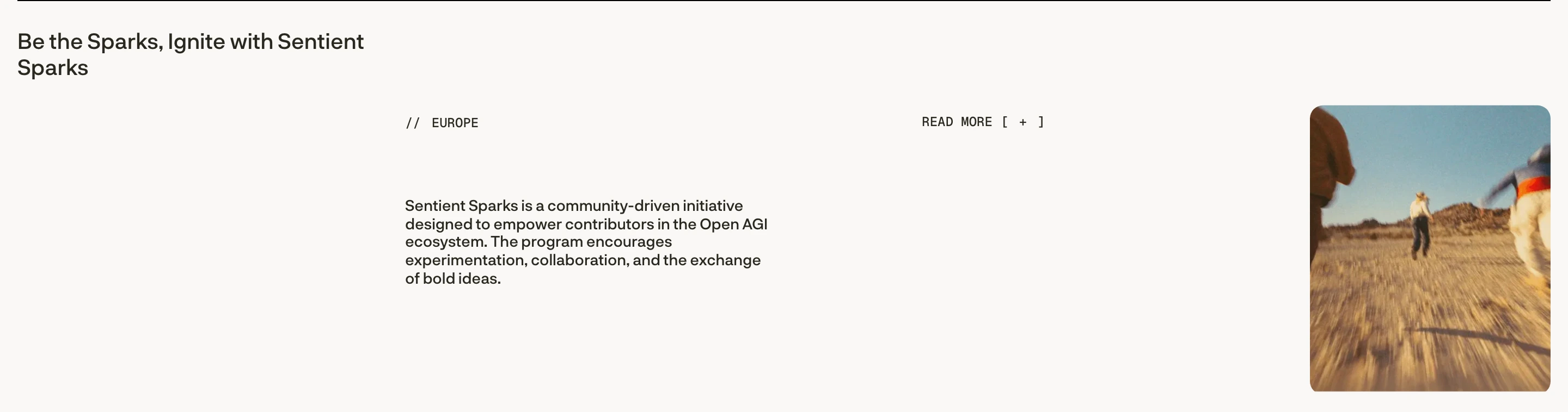 Sparse, airy editorial section with precise monospace labels, expansive whitespace, and an offset vertical photograph.