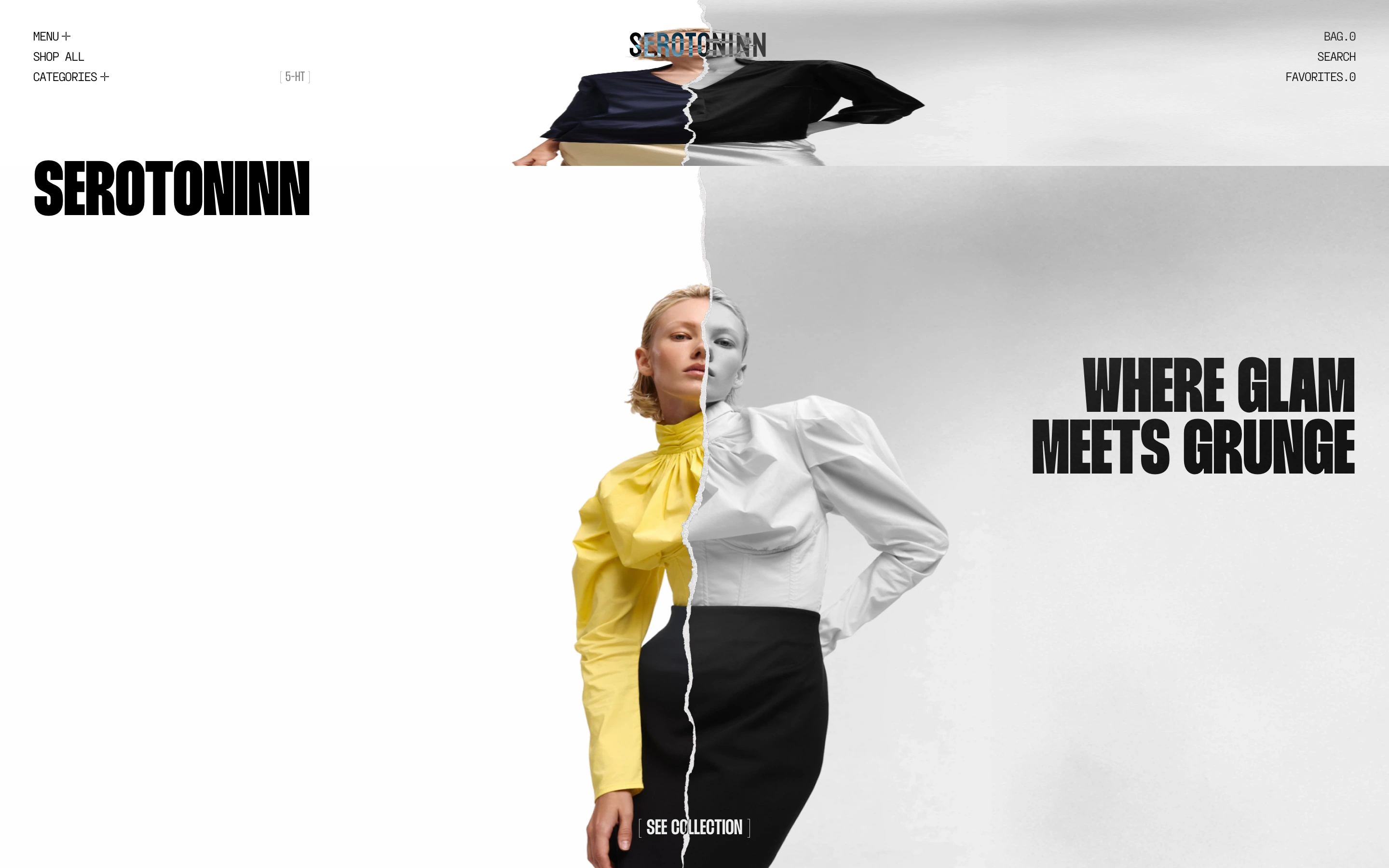 Edgy fashion hero featuring a torn-paper collage splitting a model portrait between color and monochrome with ultra-condensed uppercase typography.