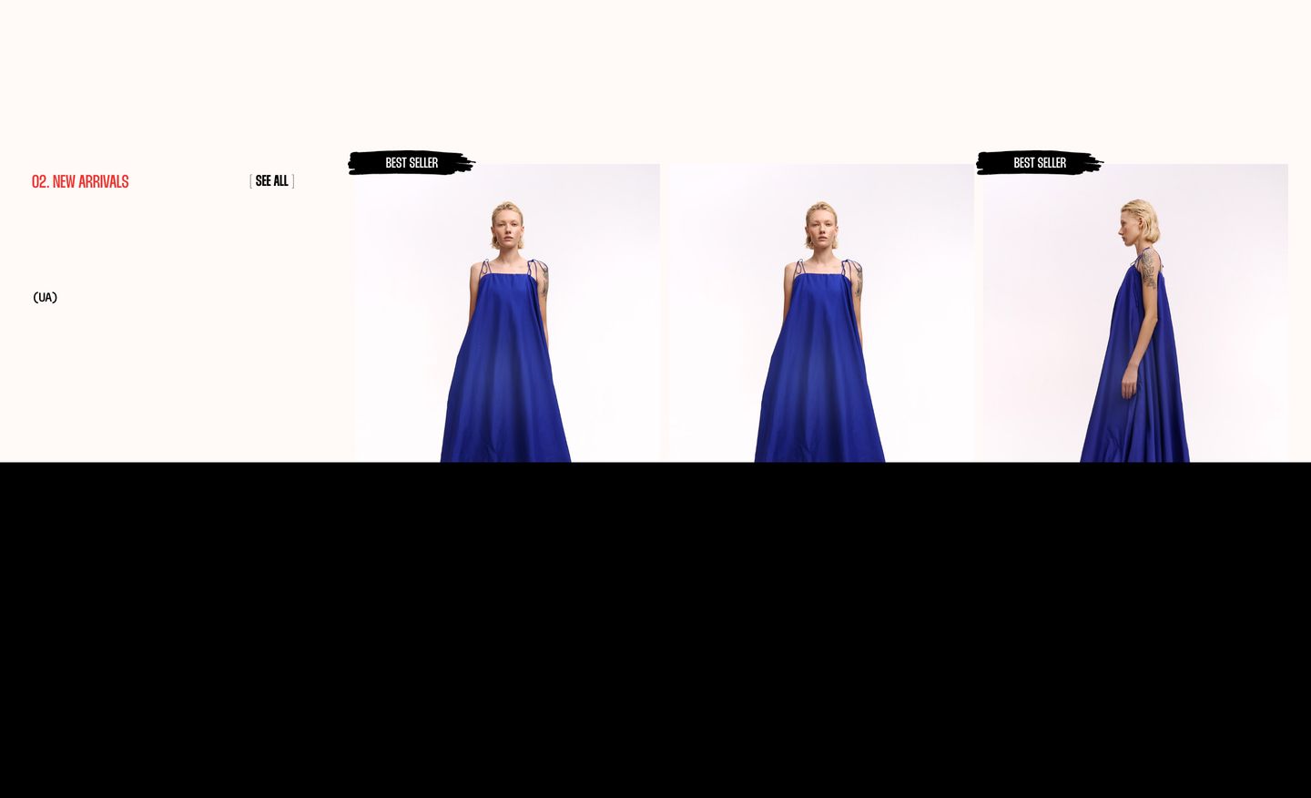 Airy high-fashion product showcase pairing minimalist catalog metadata with stark full-length model photography.