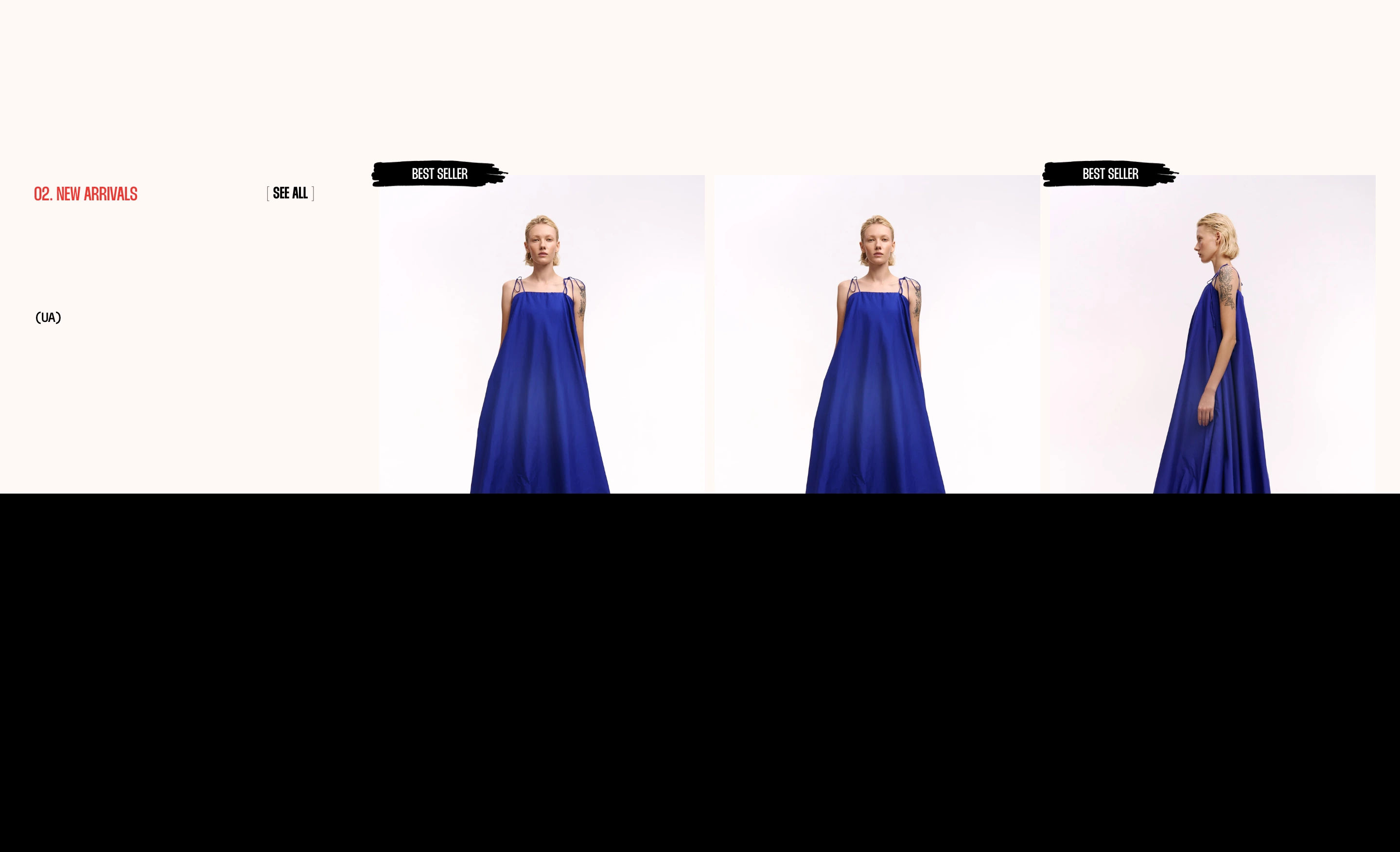 Airy high-fashion product showcase pairing minimalist catalog metadata with stark full-length model photography.