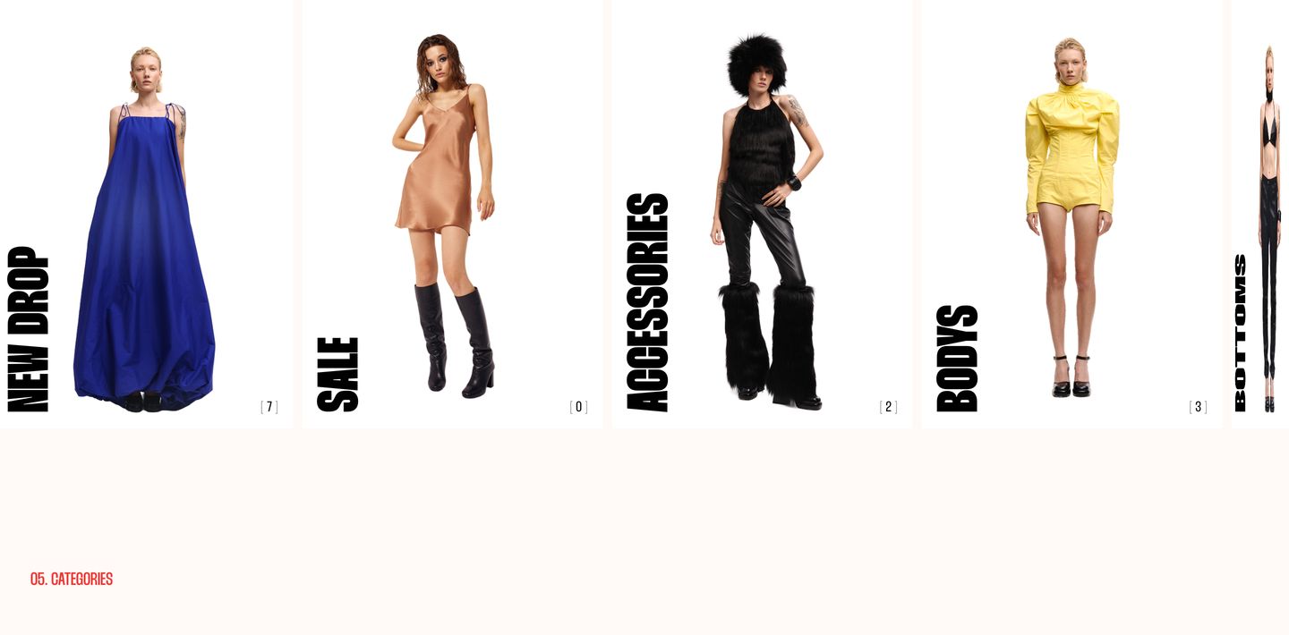 A minimalist fashion category showcase featuring cutout studio photography paired with bold vertical condensed typography against a warm off-white canvas.
