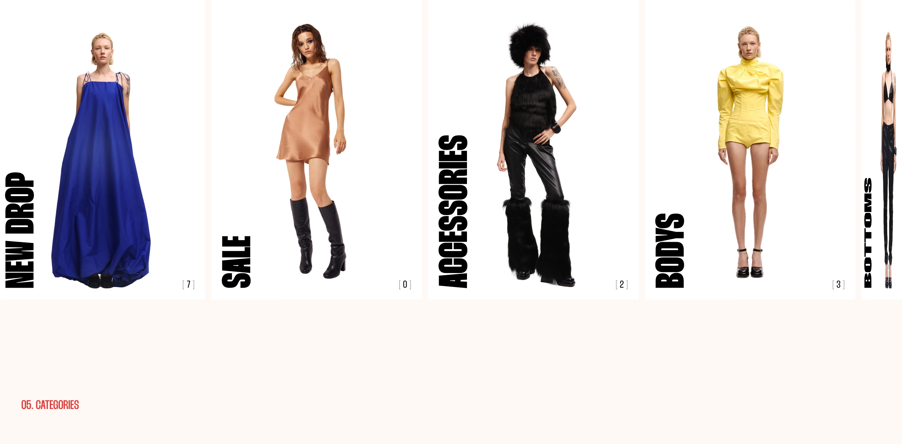 A minimalist fashion category showcase featuring cutout studio photography paired with bold vertical condensed typography against a warm off-white canvas.