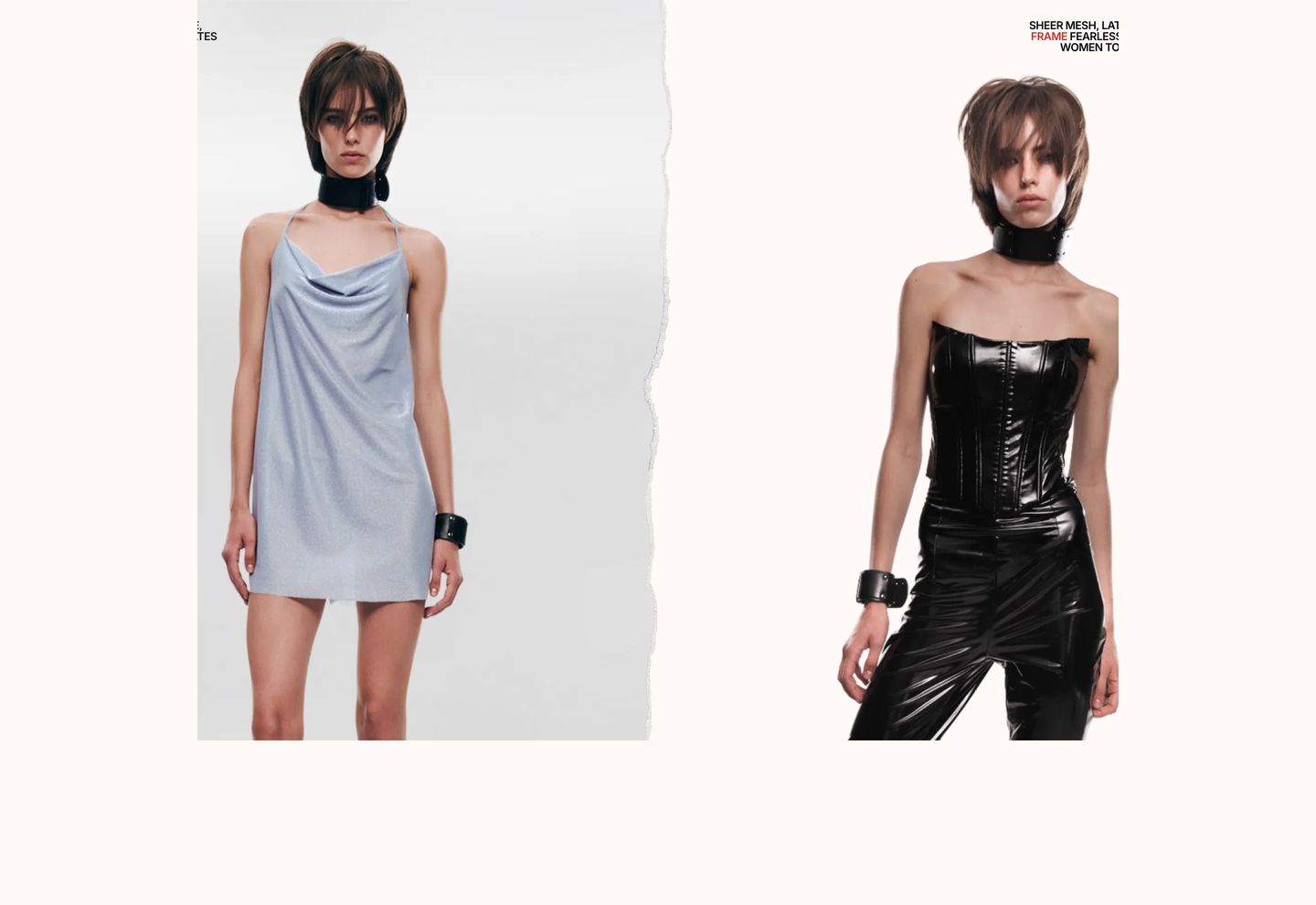 High-fashion editorial split showcase contrasting delicate and latex looks separated by a textured torn paper edge.