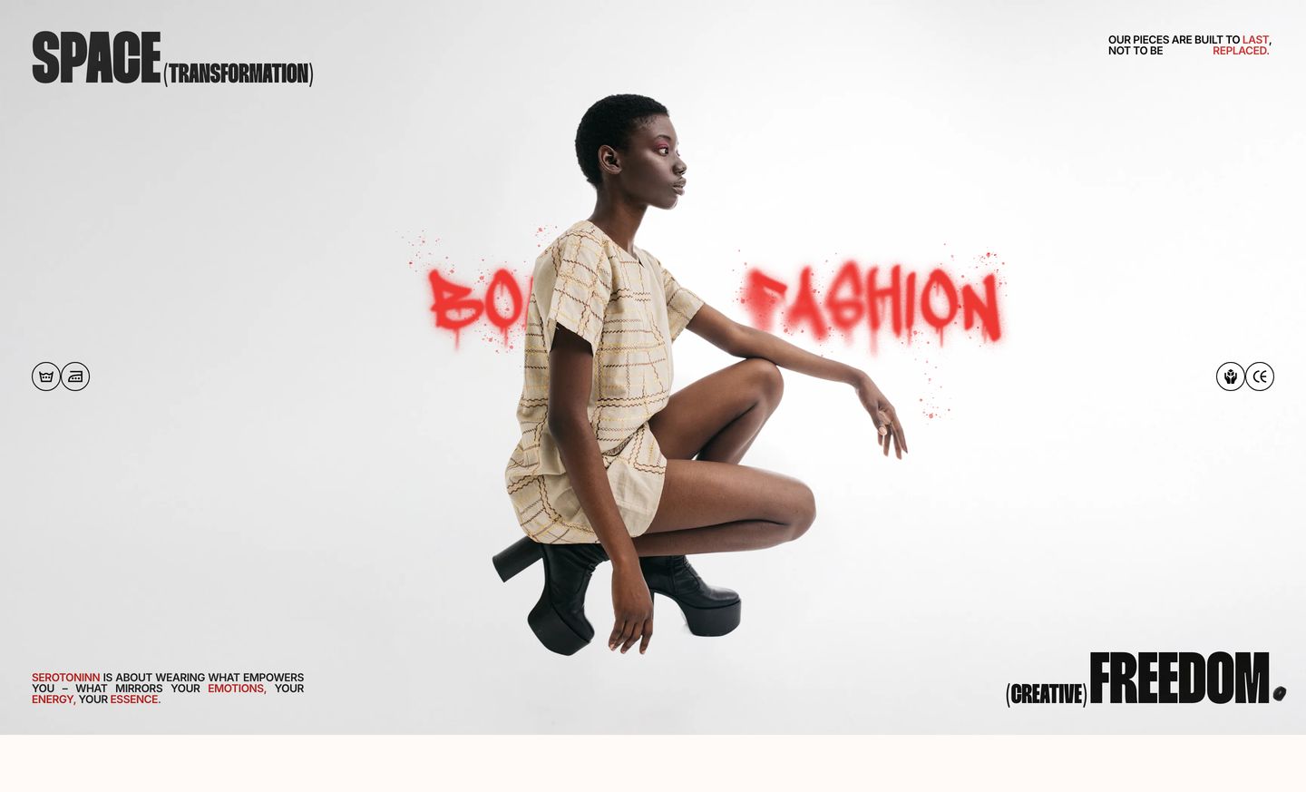 An edgy fashion editorial showcase featuring four-corner typography and spray-painted graffiti framing a central studio model.