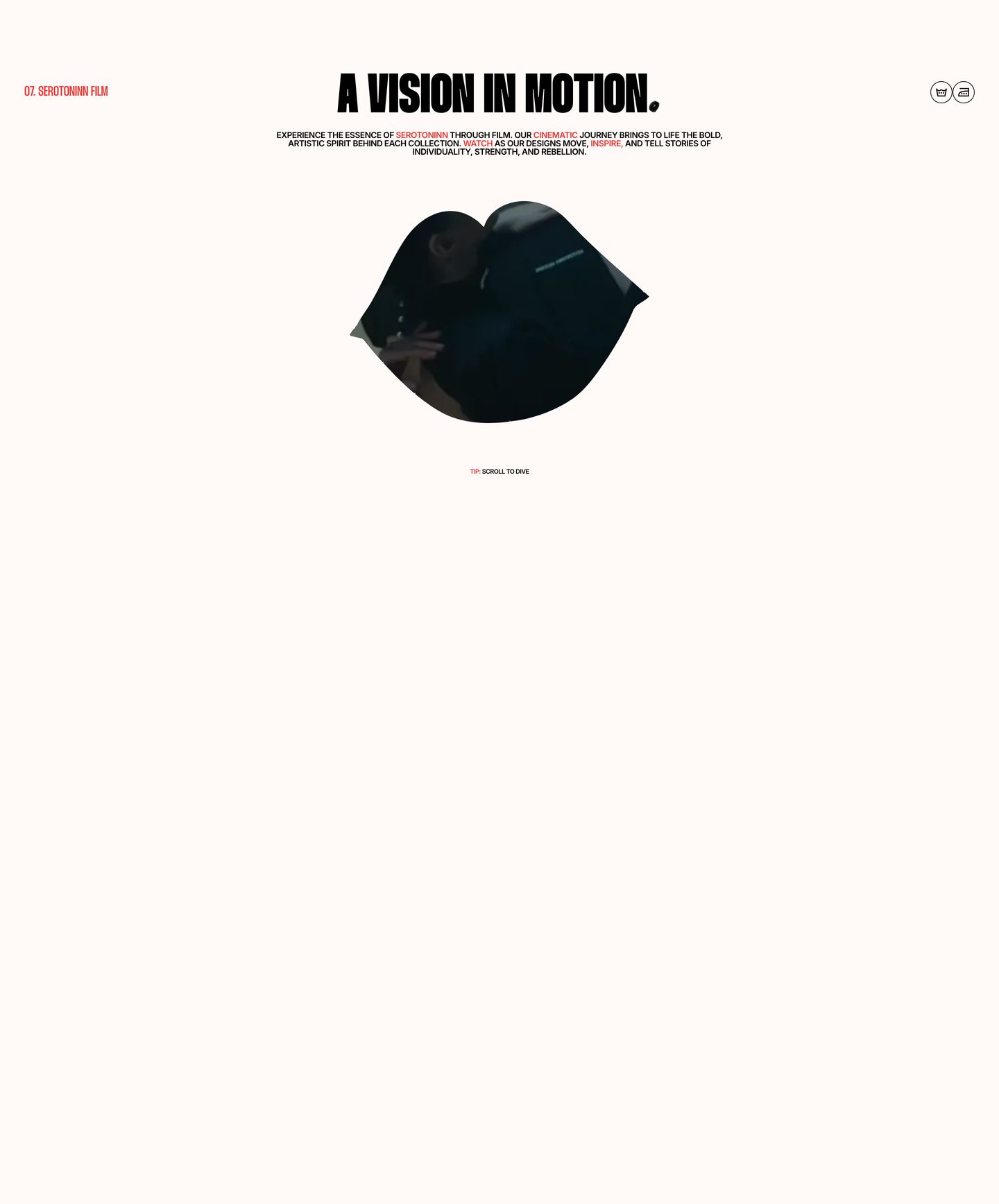 Minimalist streetwear film teaser centering an organic lip-shaped video cutout beneath bold, condensed industrial typography.