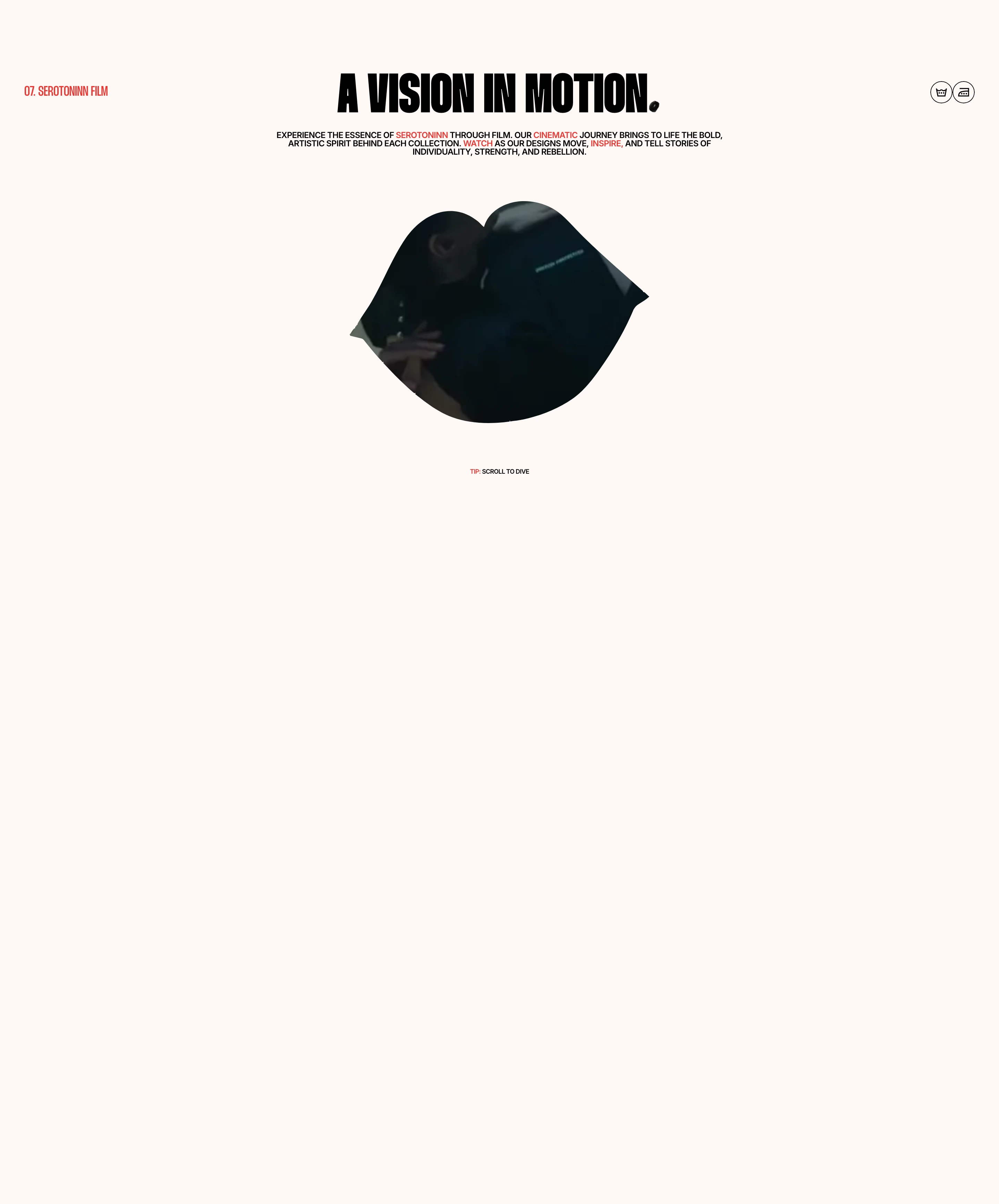 Minimalist streetwear film teaser centering an organic lip-shaped video cutout beneath bold, condensed industrial typography.