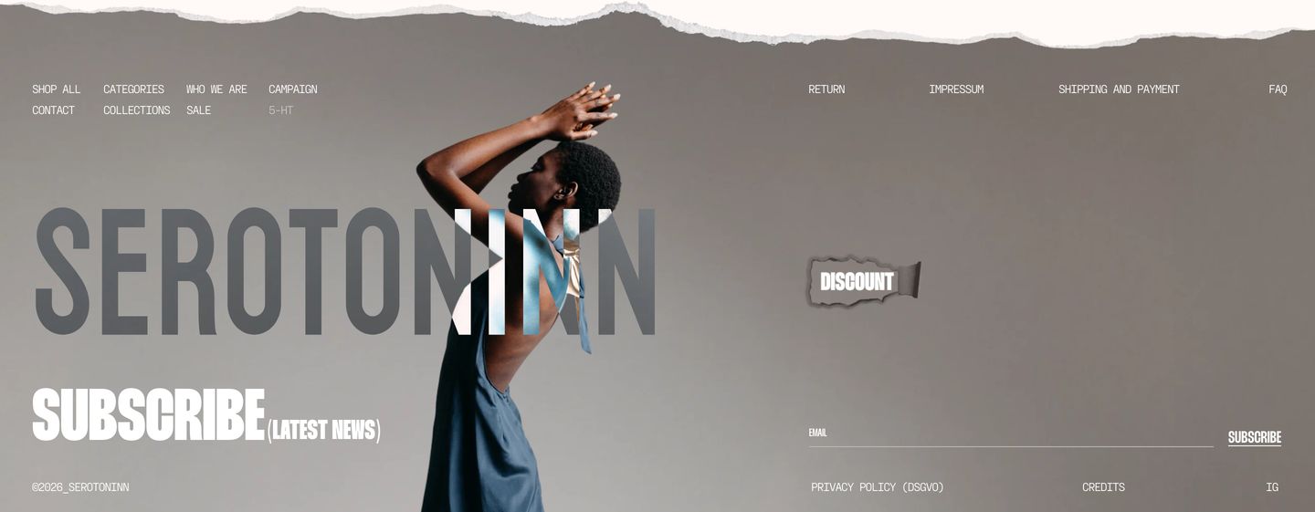 A moody, collage-styled fashion footer framing editorial photography with torn paper edges and dramatic condensed typography.