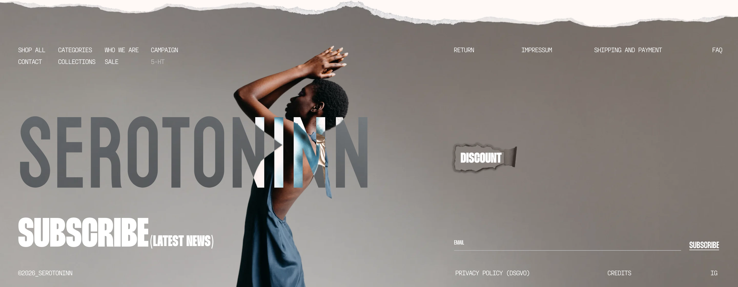 A moody, collage-styled fashion footer framing editorial photography with torn paper edges and dramatic condensed typography.