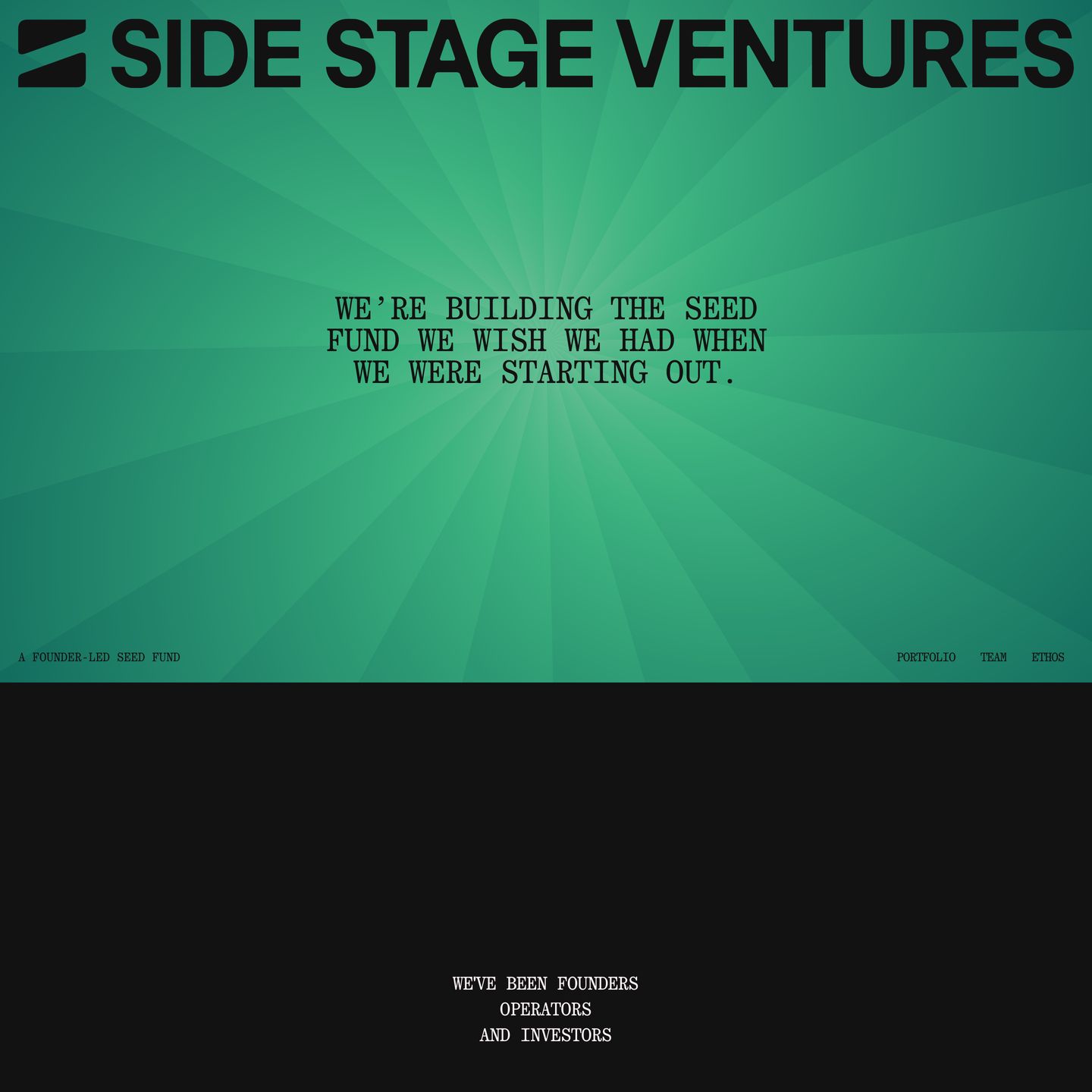 Retro green rayburst backdrop anchored by oversized brutalist branding and typewriter-style manifesto typography.