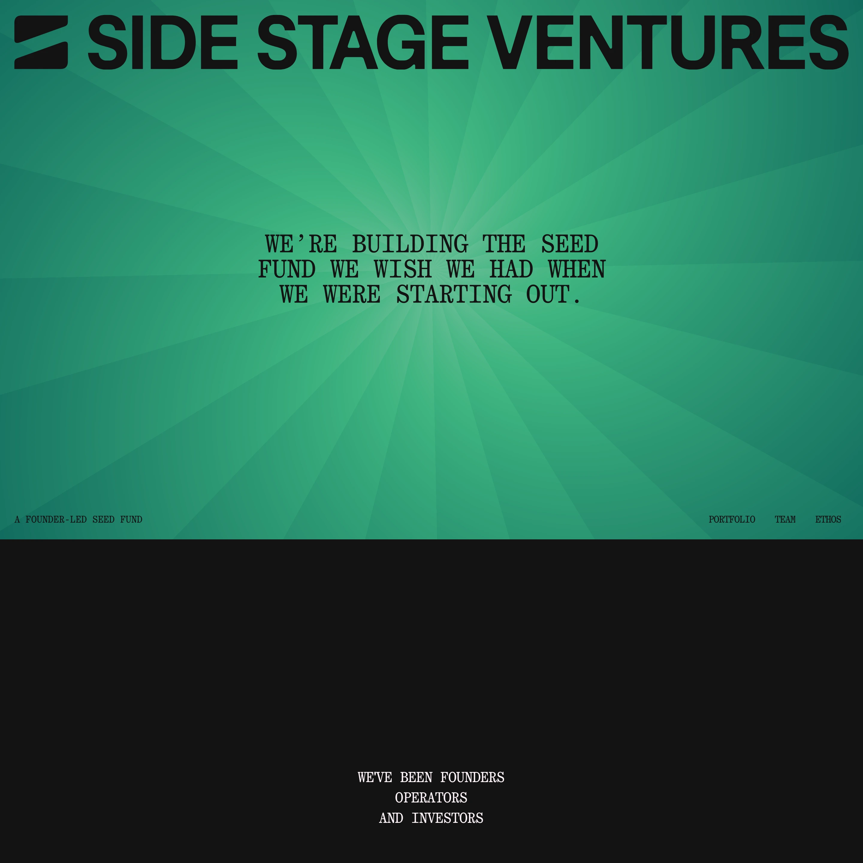 Retro green rayburst backdrop anchored by oversized brutalist branding and typewriter-style manifesto typography.